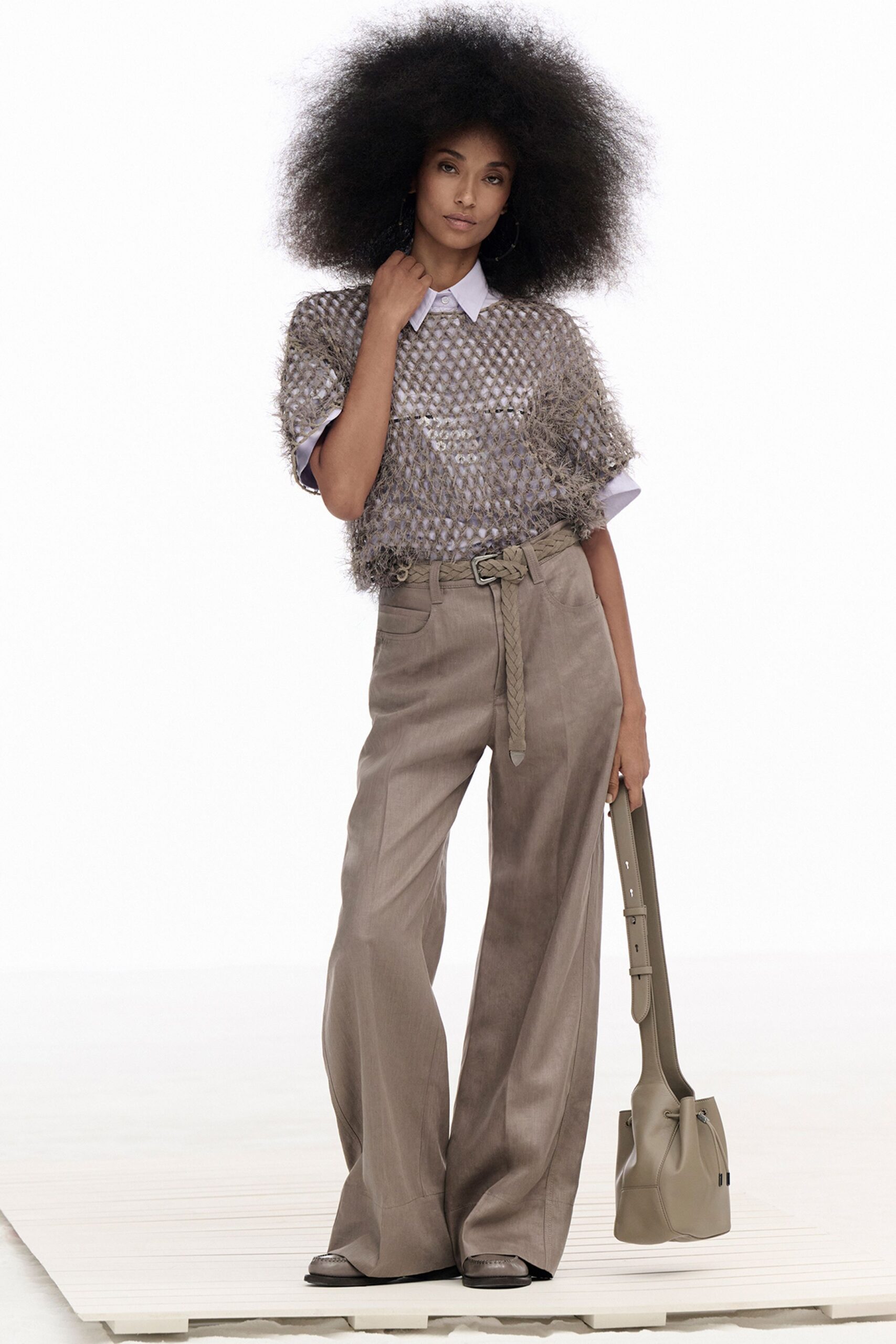 gray mesh short-sleeve collared relaxed layered top