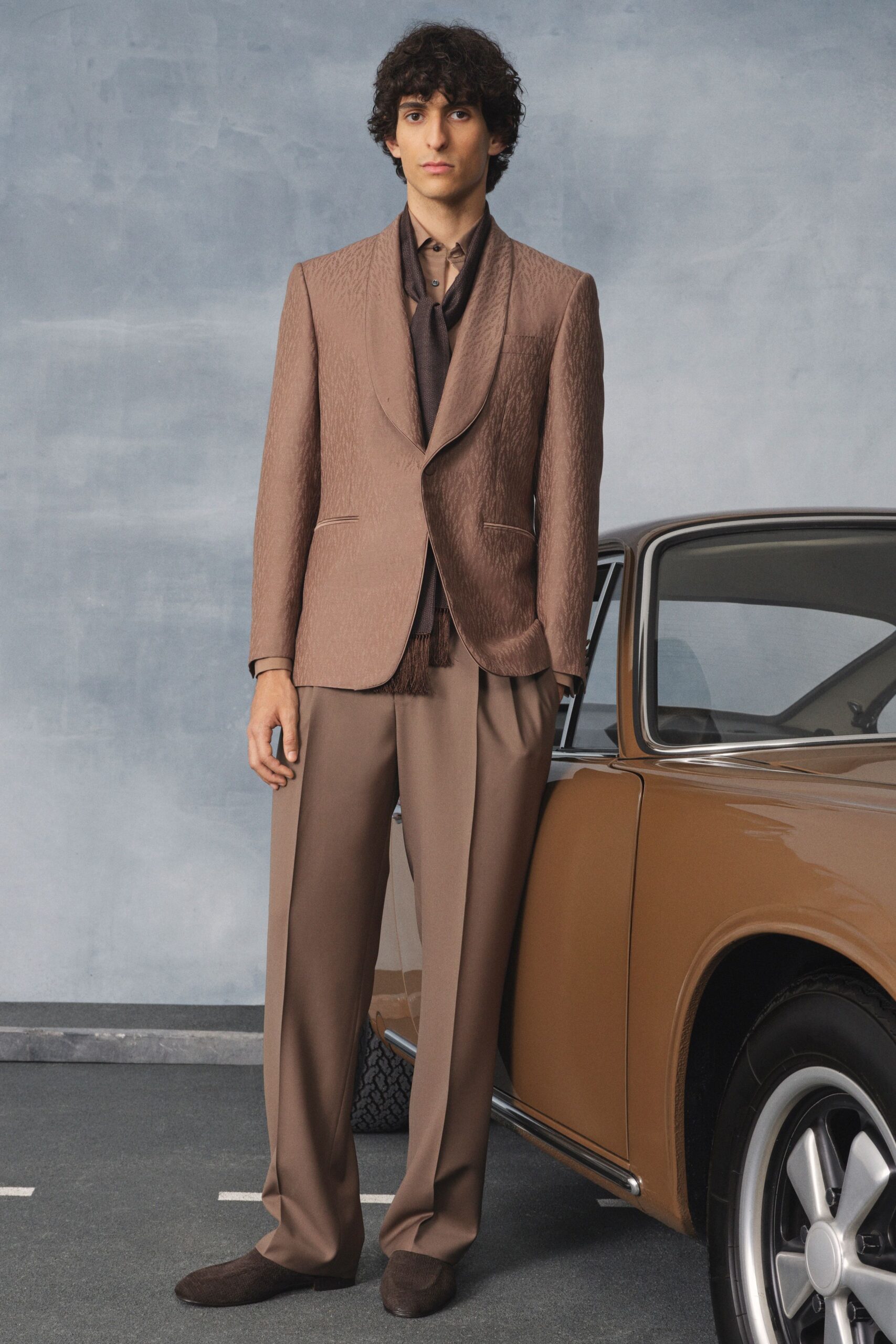 brown silk relaxed straight-leg shiny pants