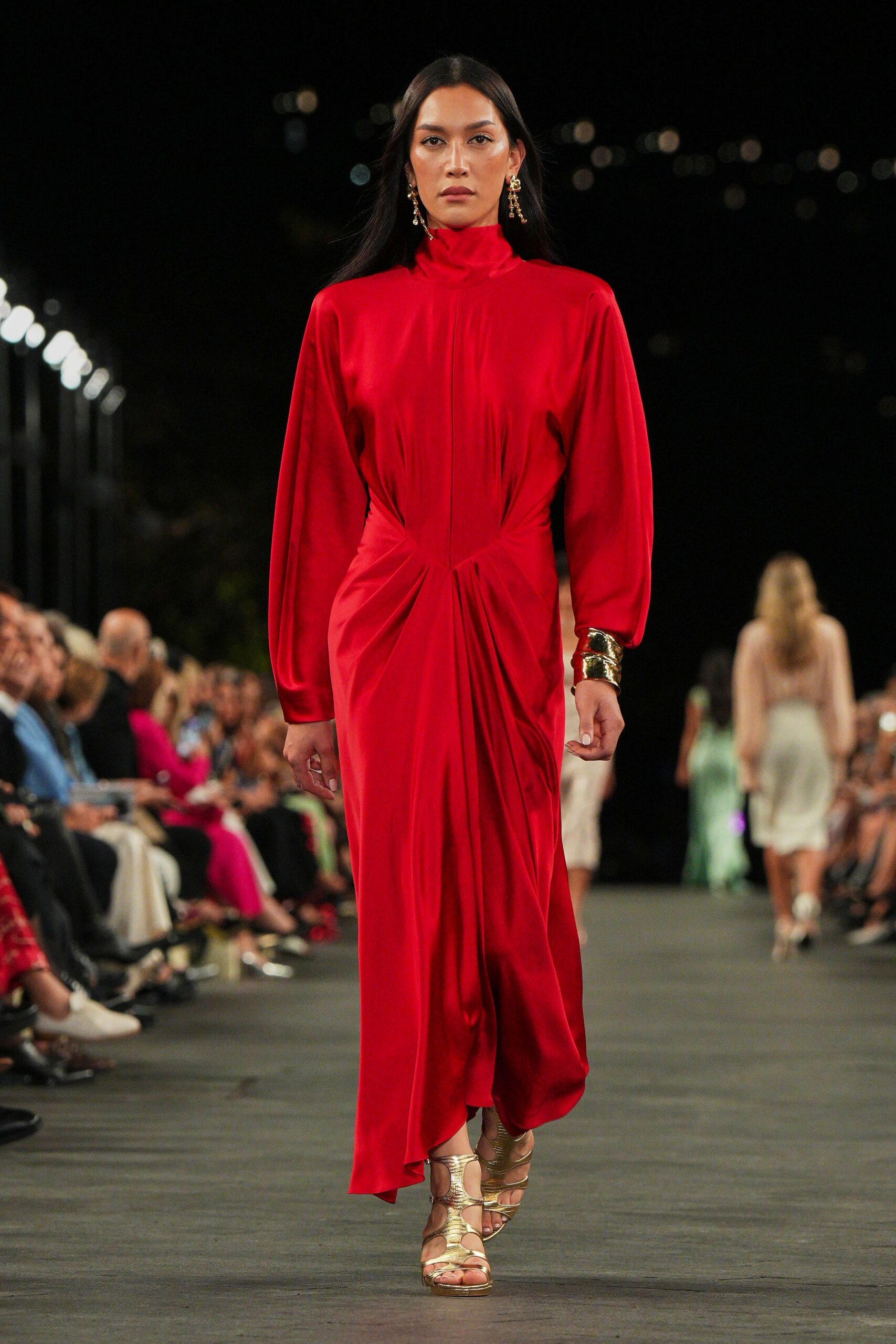 red silk long-sleeve high-neck fitted draped ruched dress