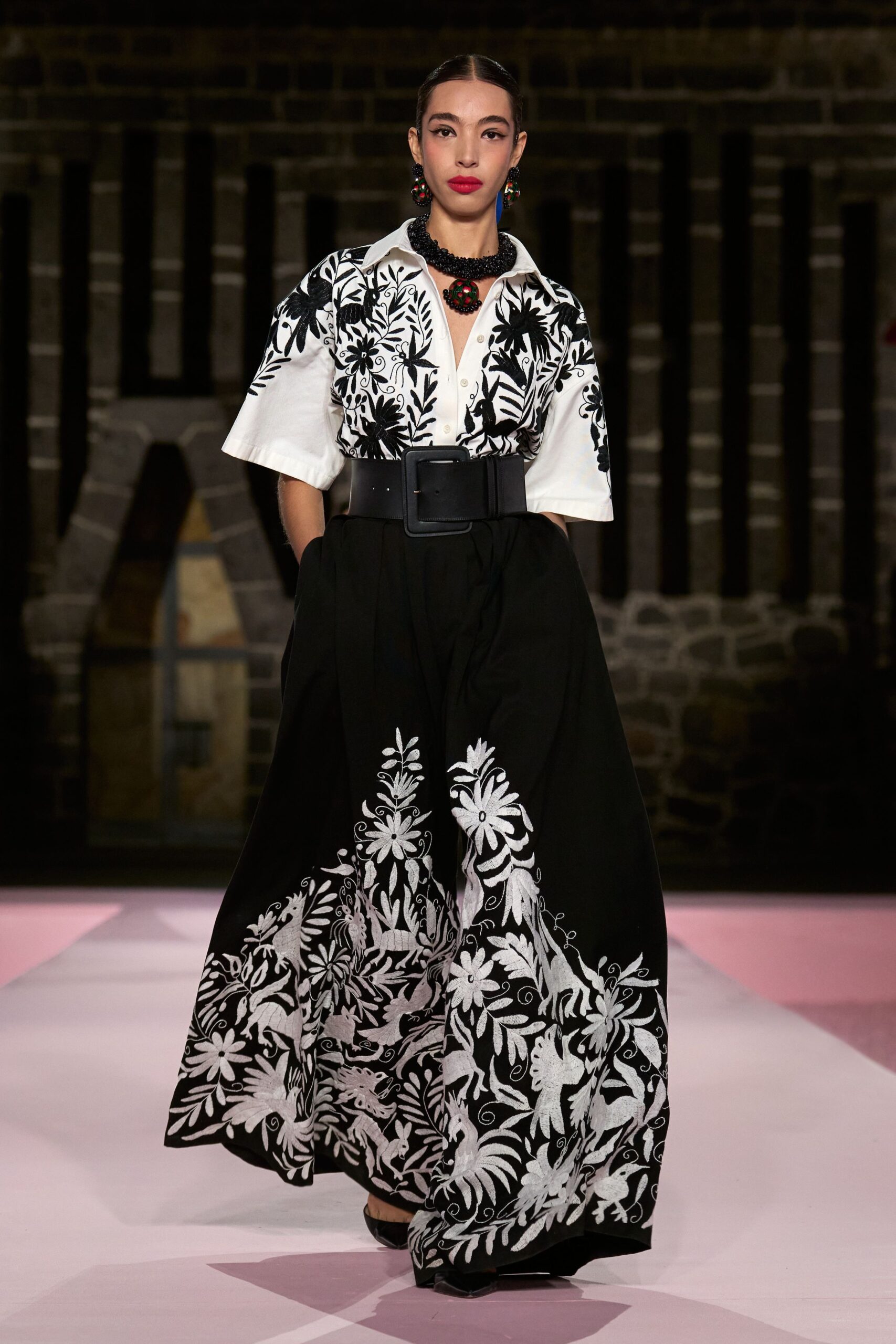 black cotton short-sleeve v-neck fitted embroidered tiered dress