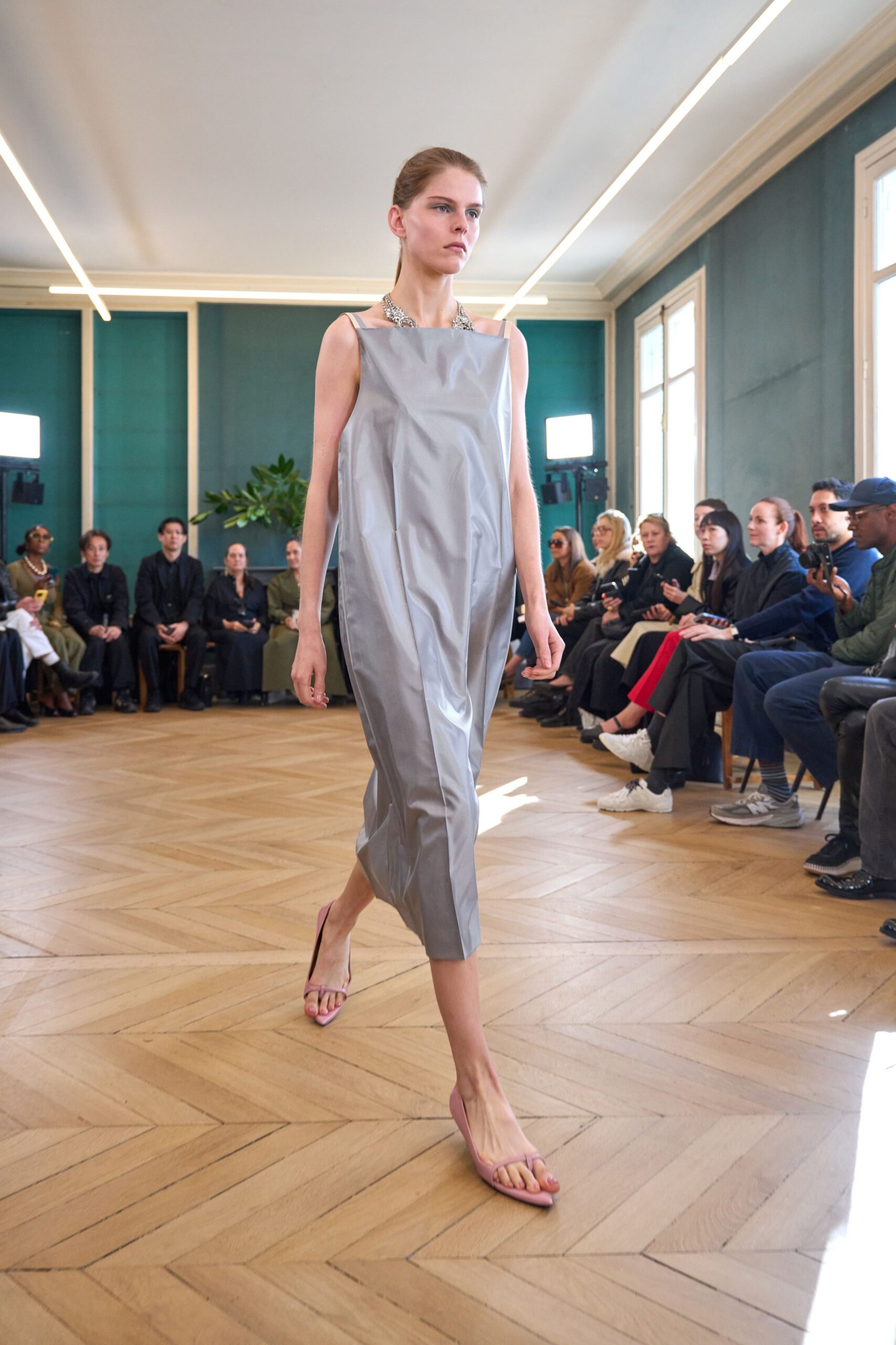 gray vinyl sleeveless high-neck relaxed straight-leg shiny dress
