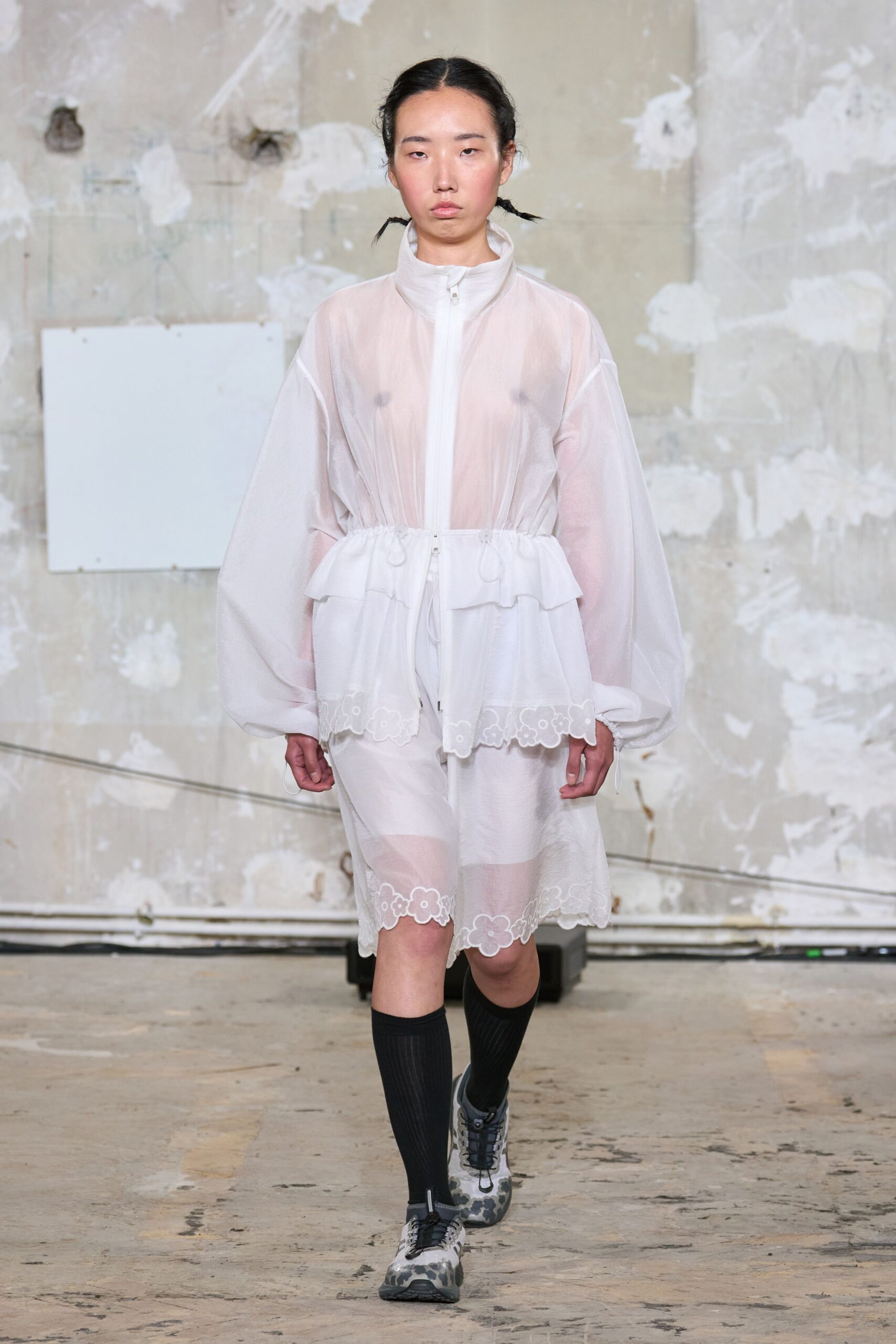 white chiffon long-sleeve collared relaxed layered embroidered dress