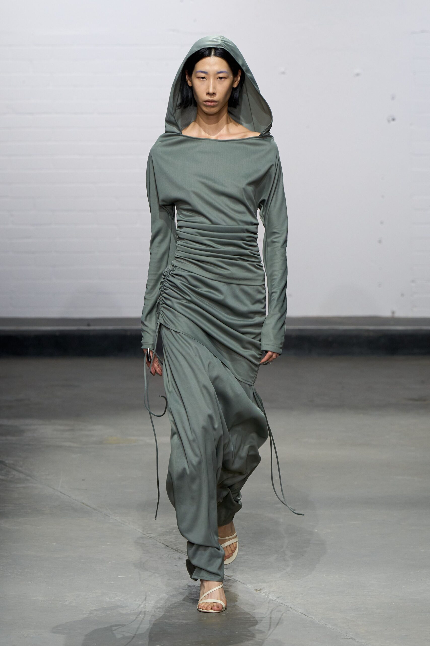 green cotton long-sleeve off-shoulder fitted ruched maxi dress