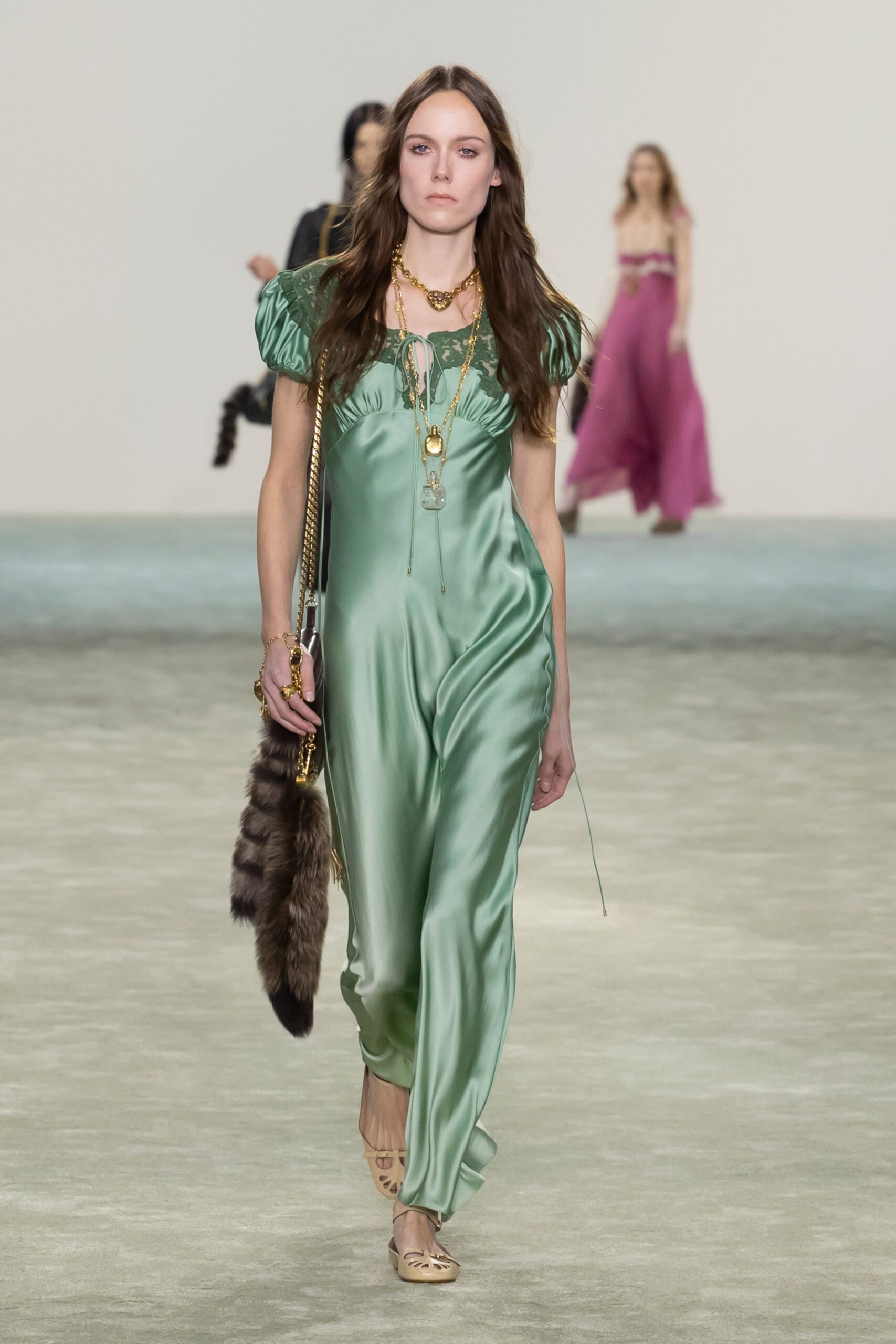 green silk short-sleeve v-neck fitted pleated shiny dress