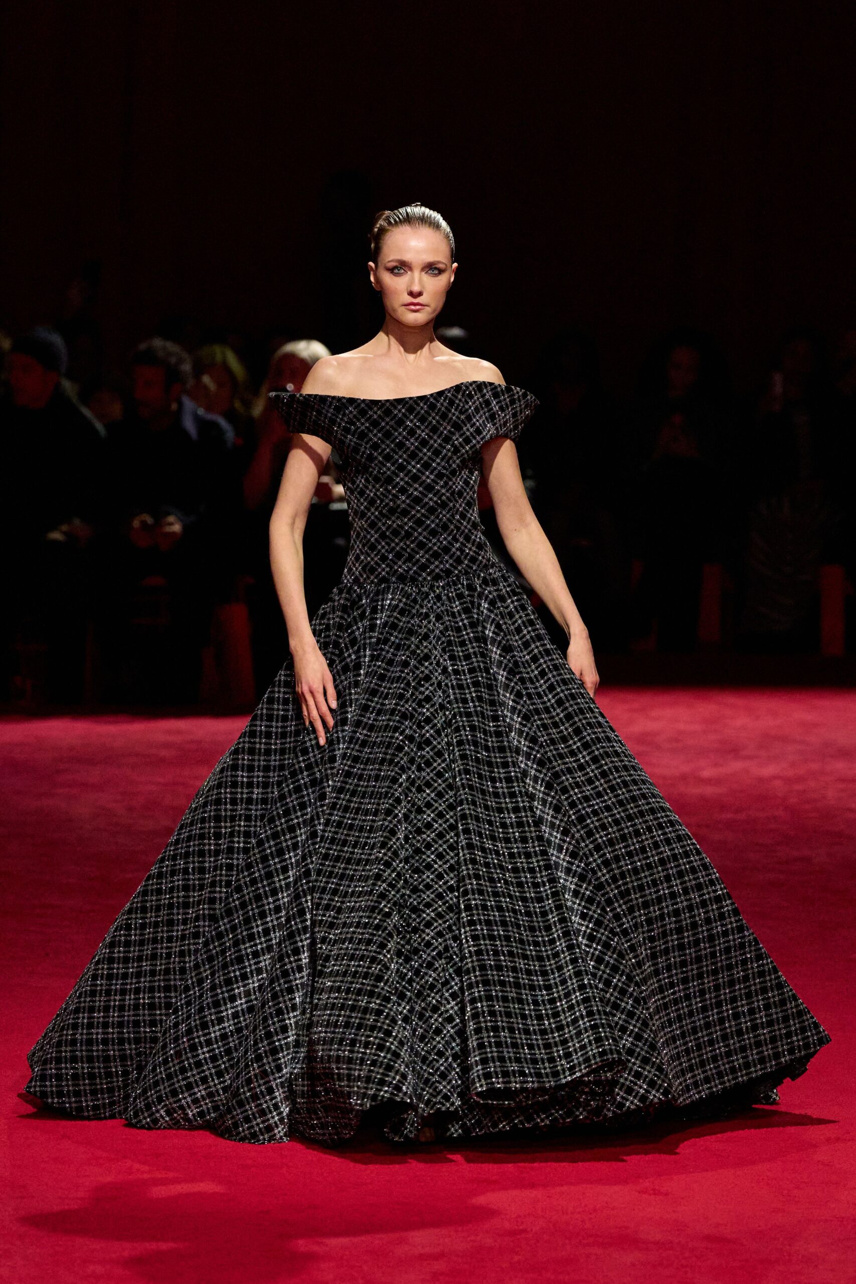 black and white pleated gown