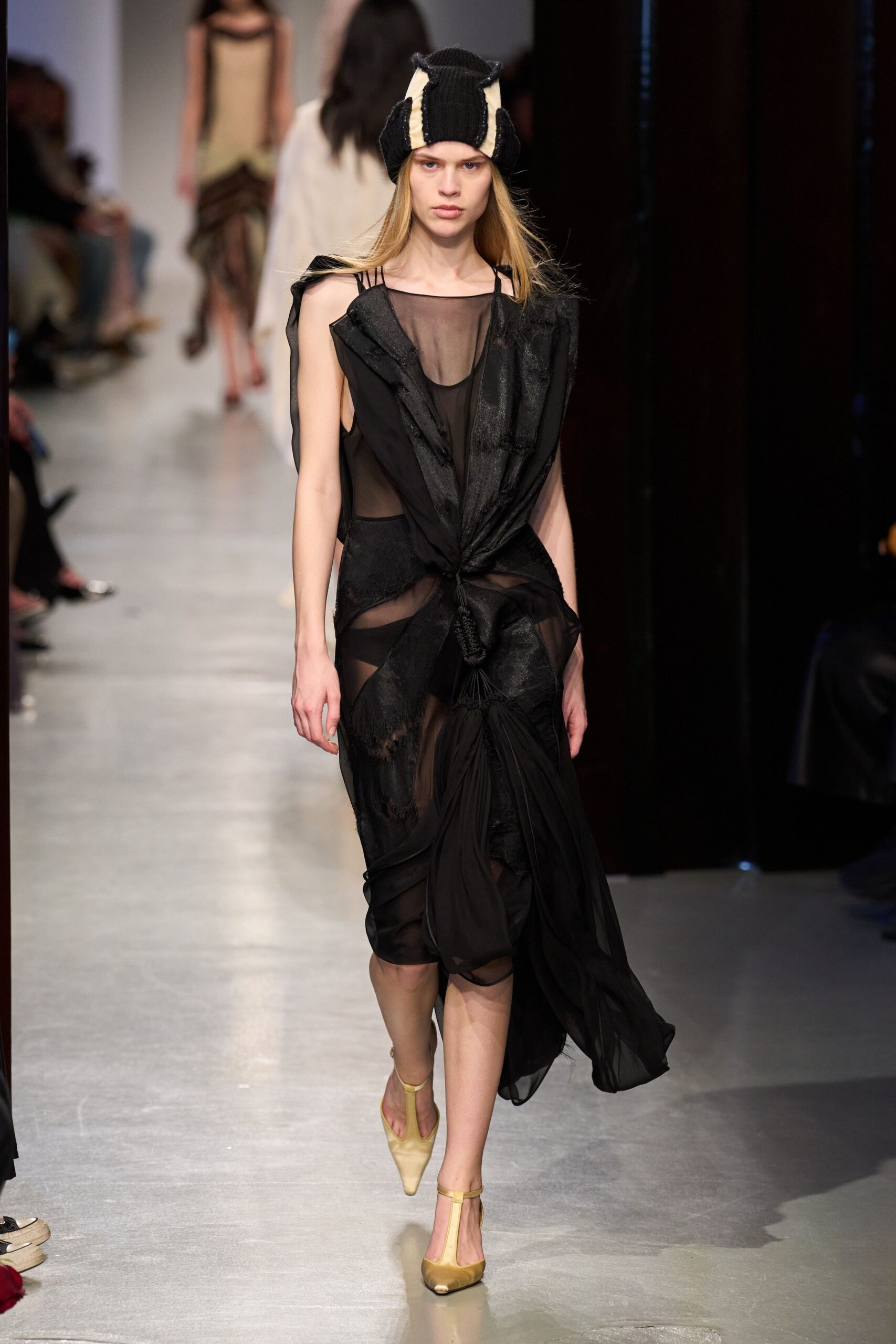 black sheer draped midi dress