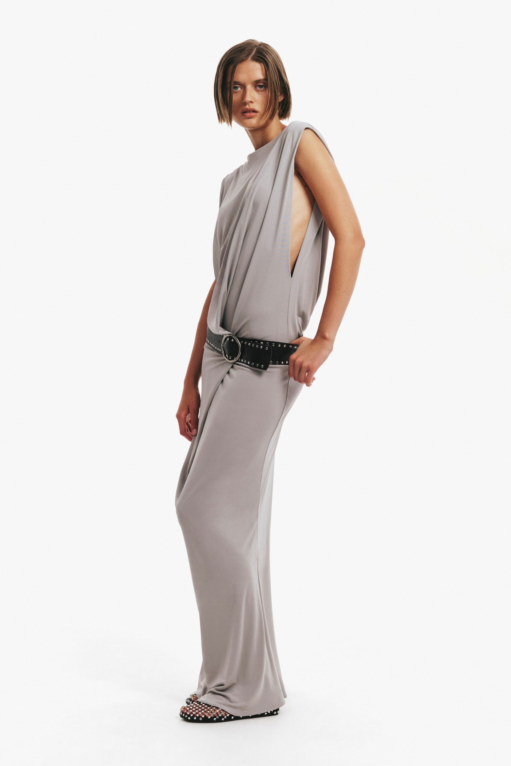 gray jersey sleeveless high-neck fitted draped maxi dress