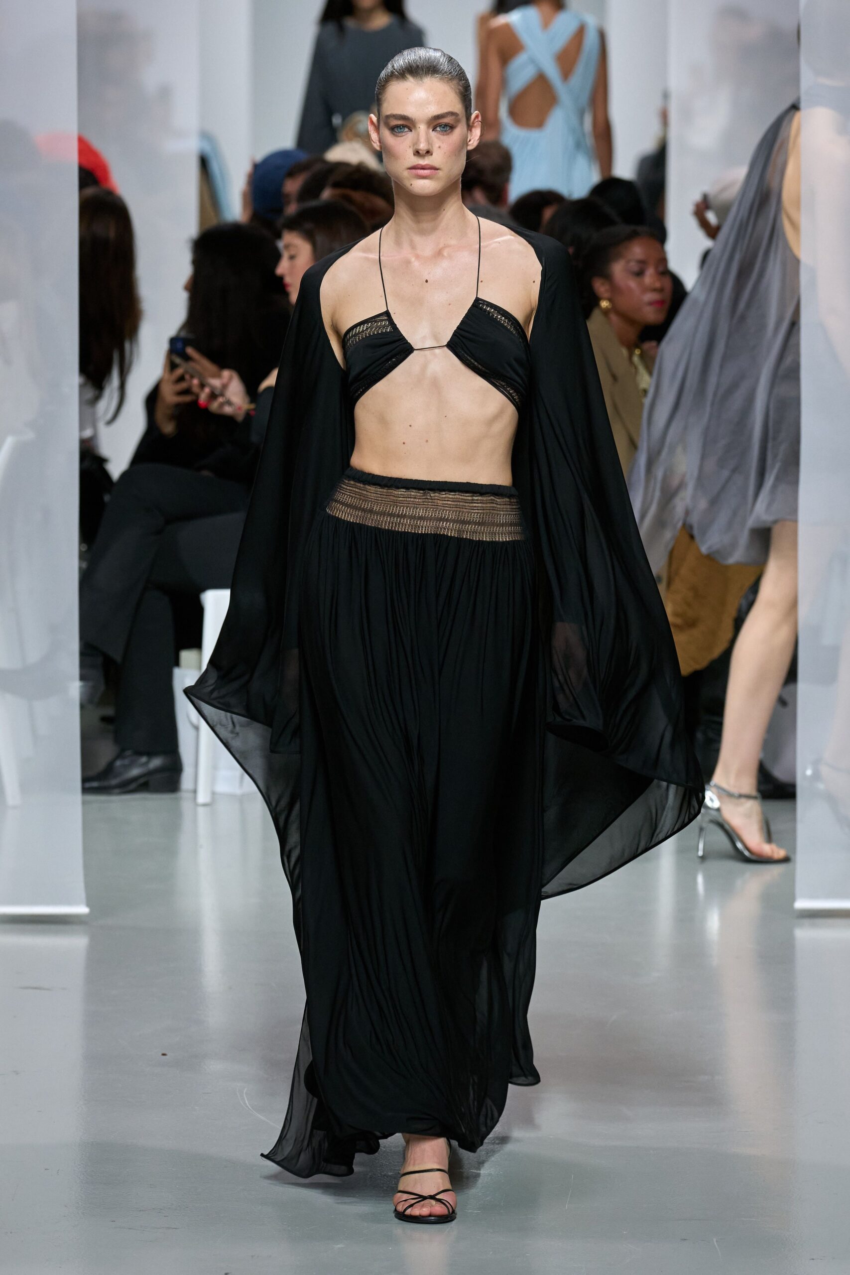 black silk sleeveless halter fitted pleated flowing bikini