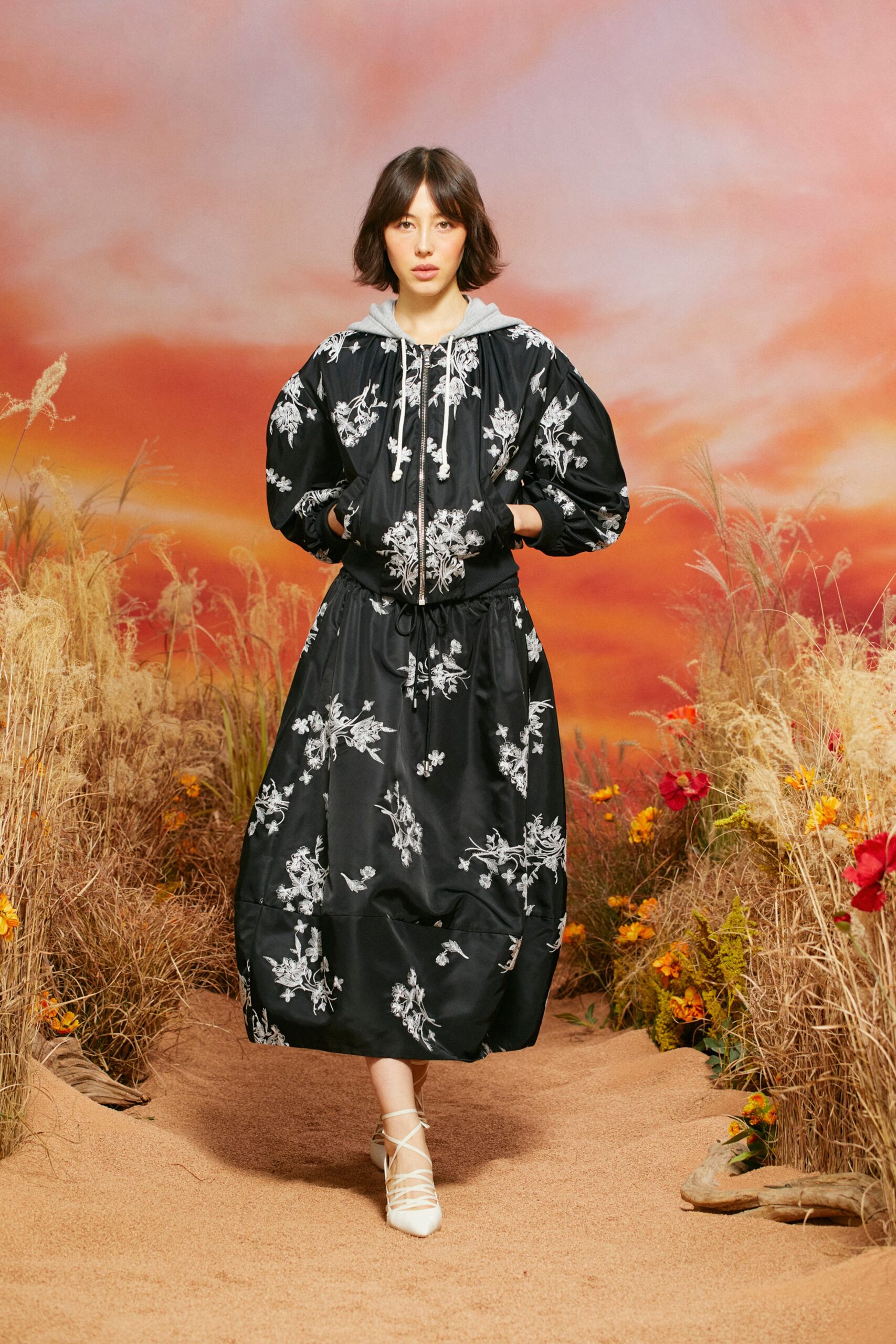 black silk long-sleeve hooded relaxed embroidered tiered dress