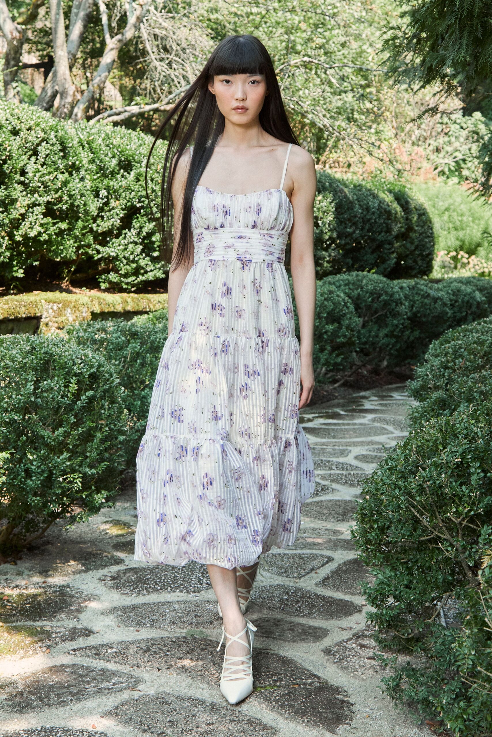 white cotton sleeveless v-neck fitted floral tiered dress