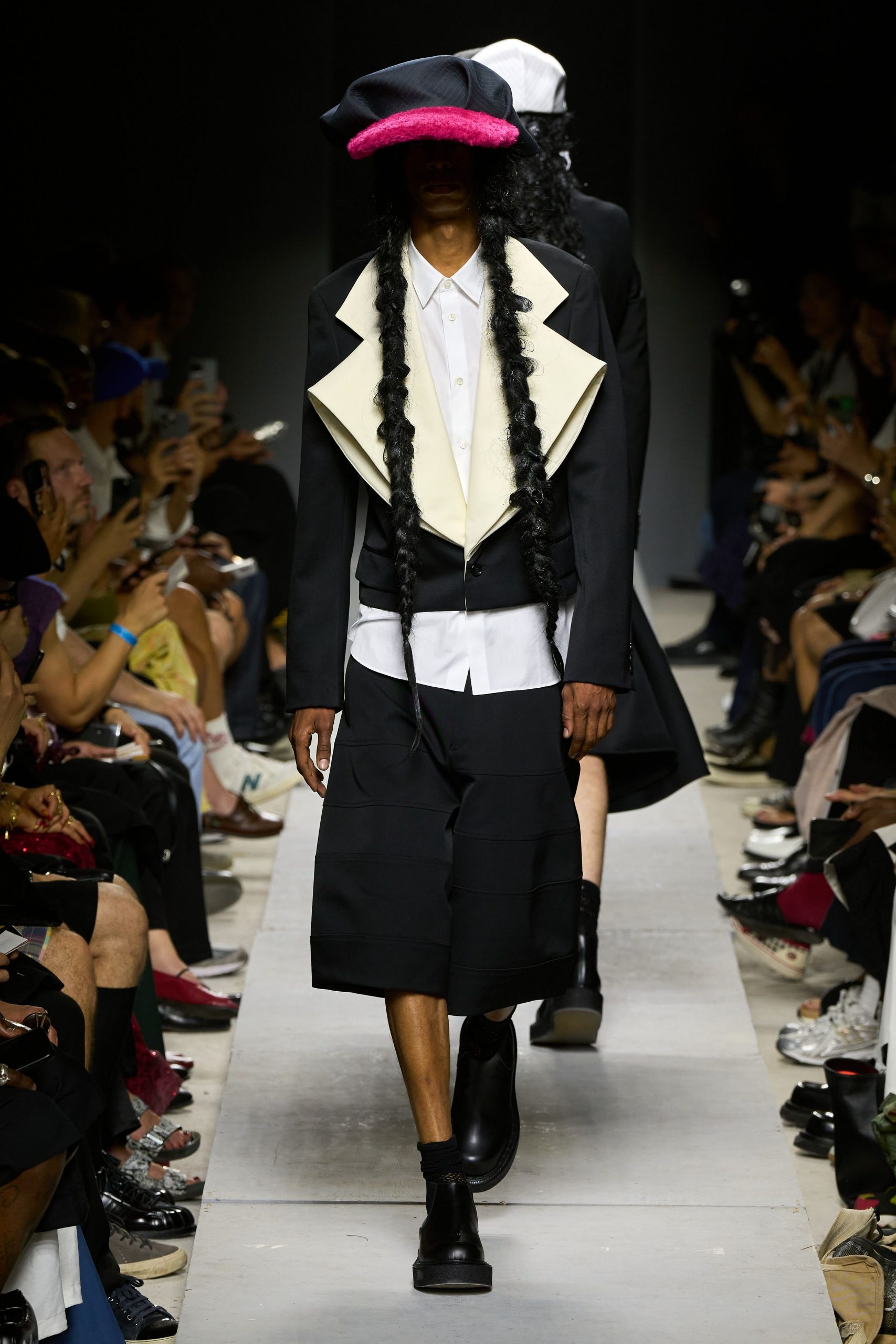 black cotton long-sleeve collared structured layered jacket