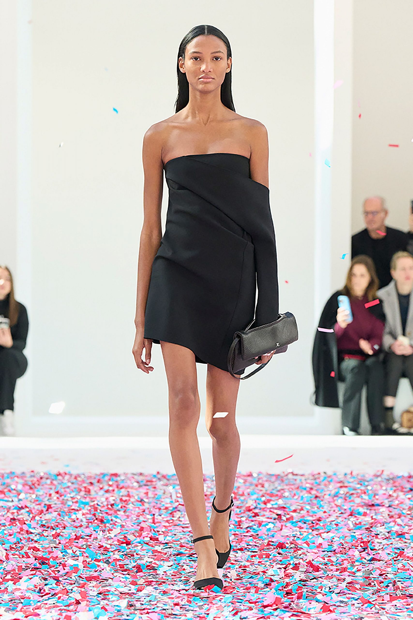black silk strapless asymmetric fitted draped mini dress