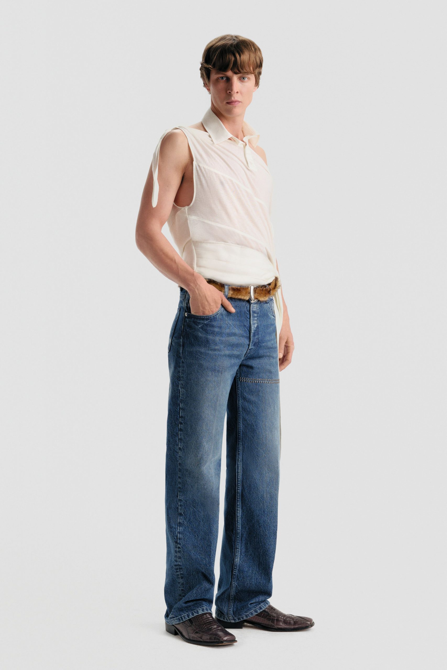 white cotton sleeveless collared relaxed draped shirt