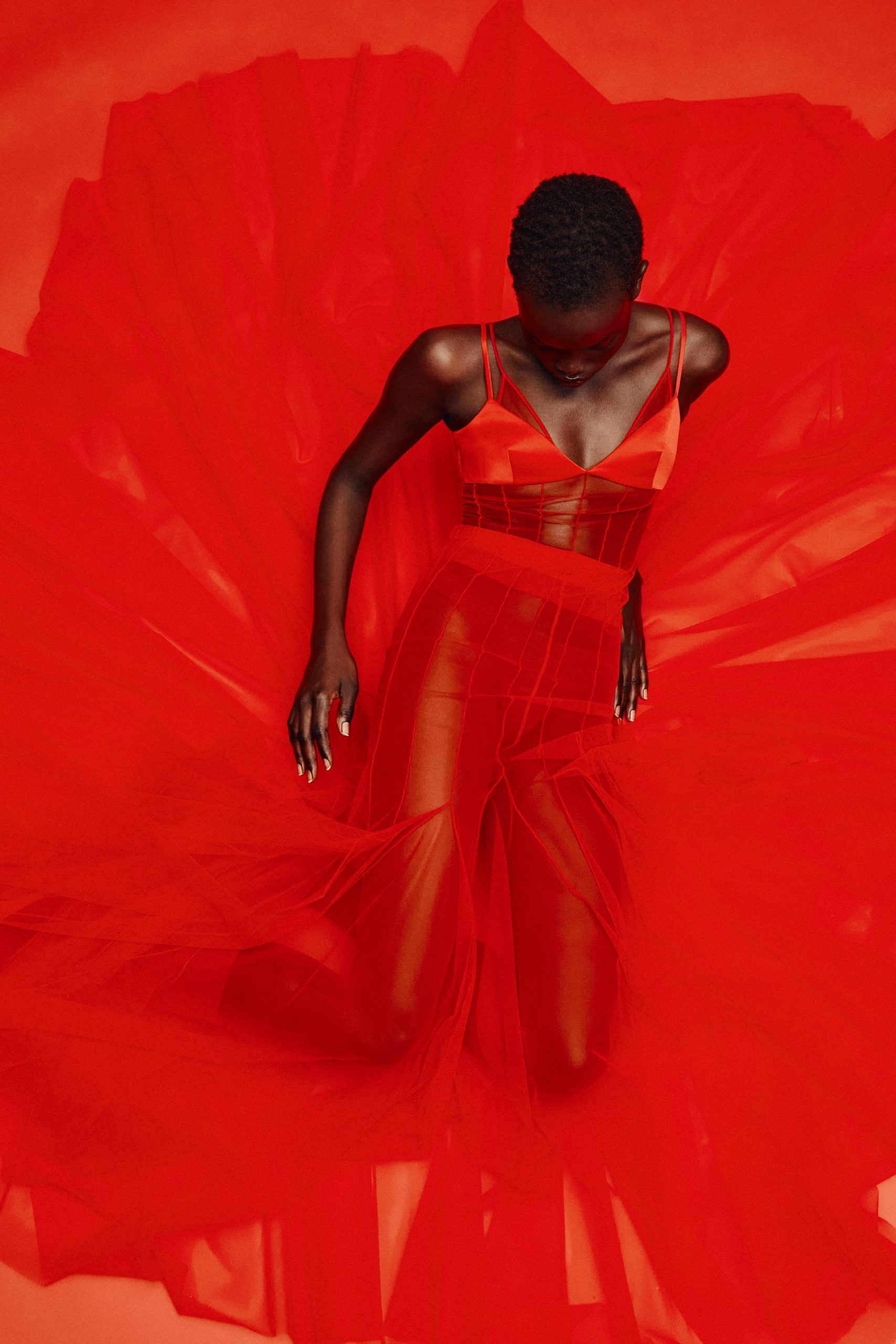 red silk tulle gown