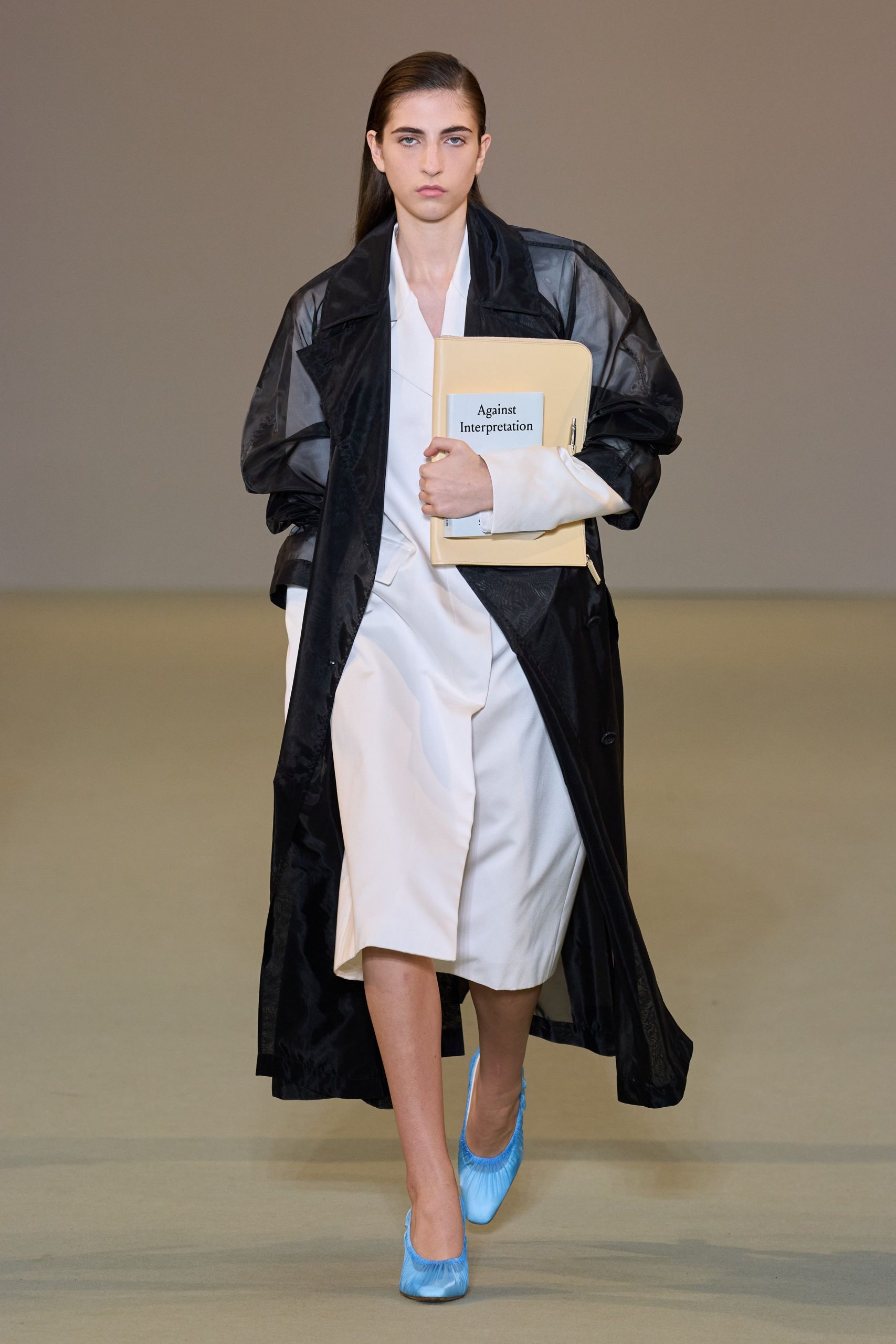 black silk coat white dress blue shoes