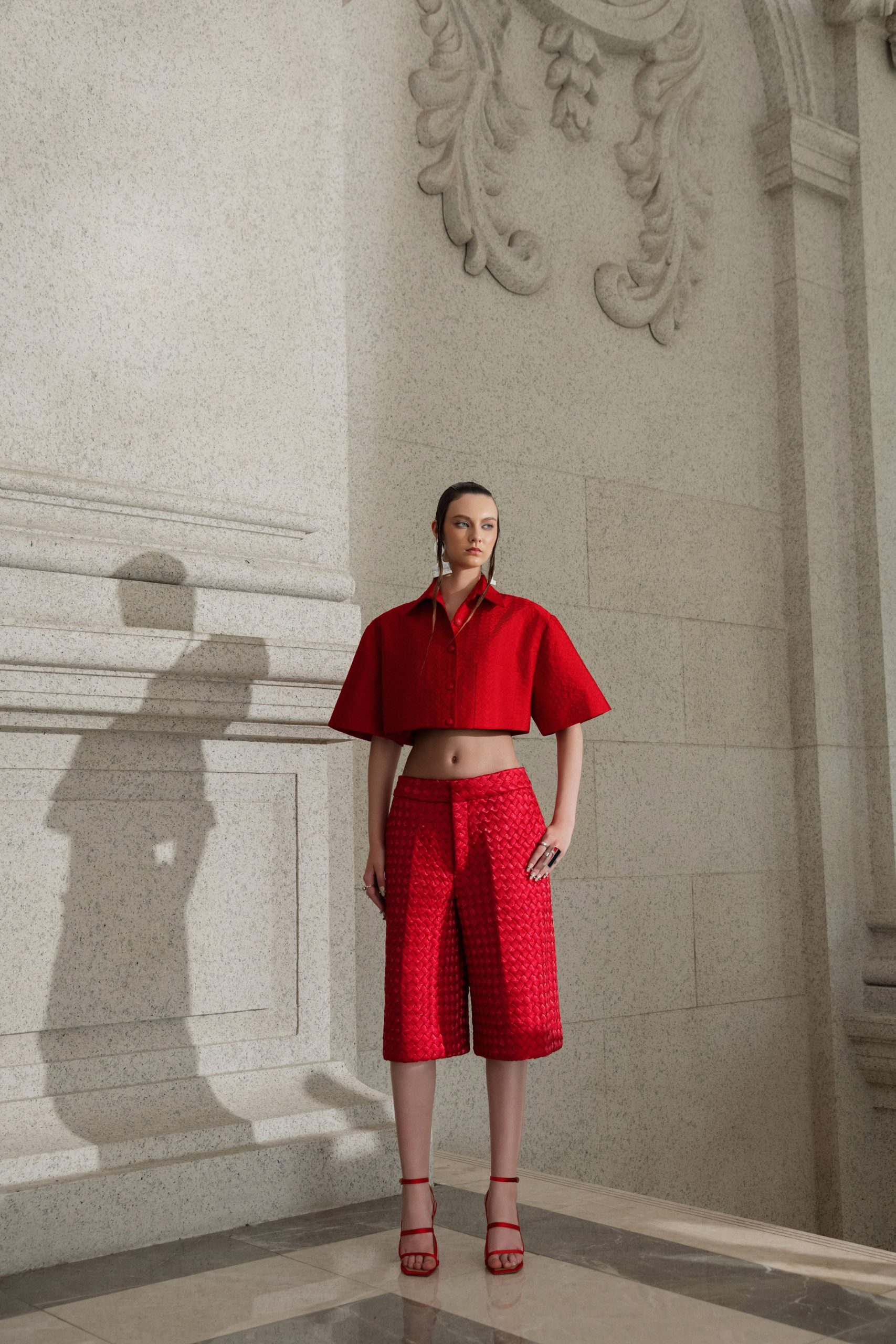 red cotton relaxed textured culottes