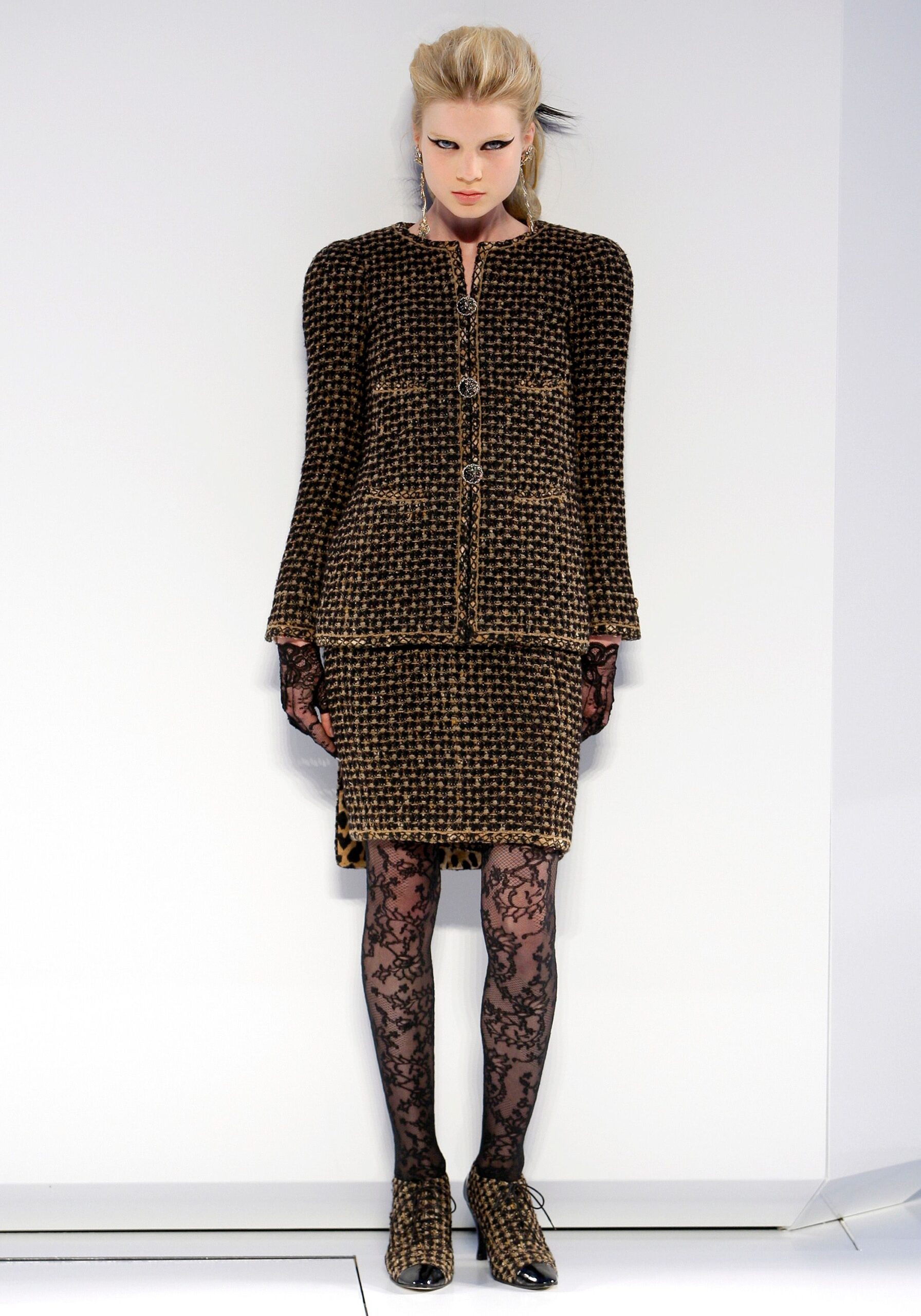 brown tweed checked pointed-toe boots