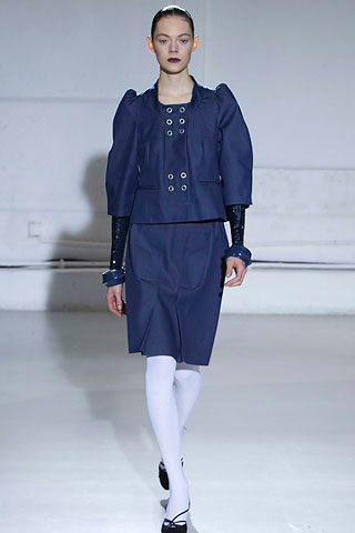 puff-sleeve blue skirt suit