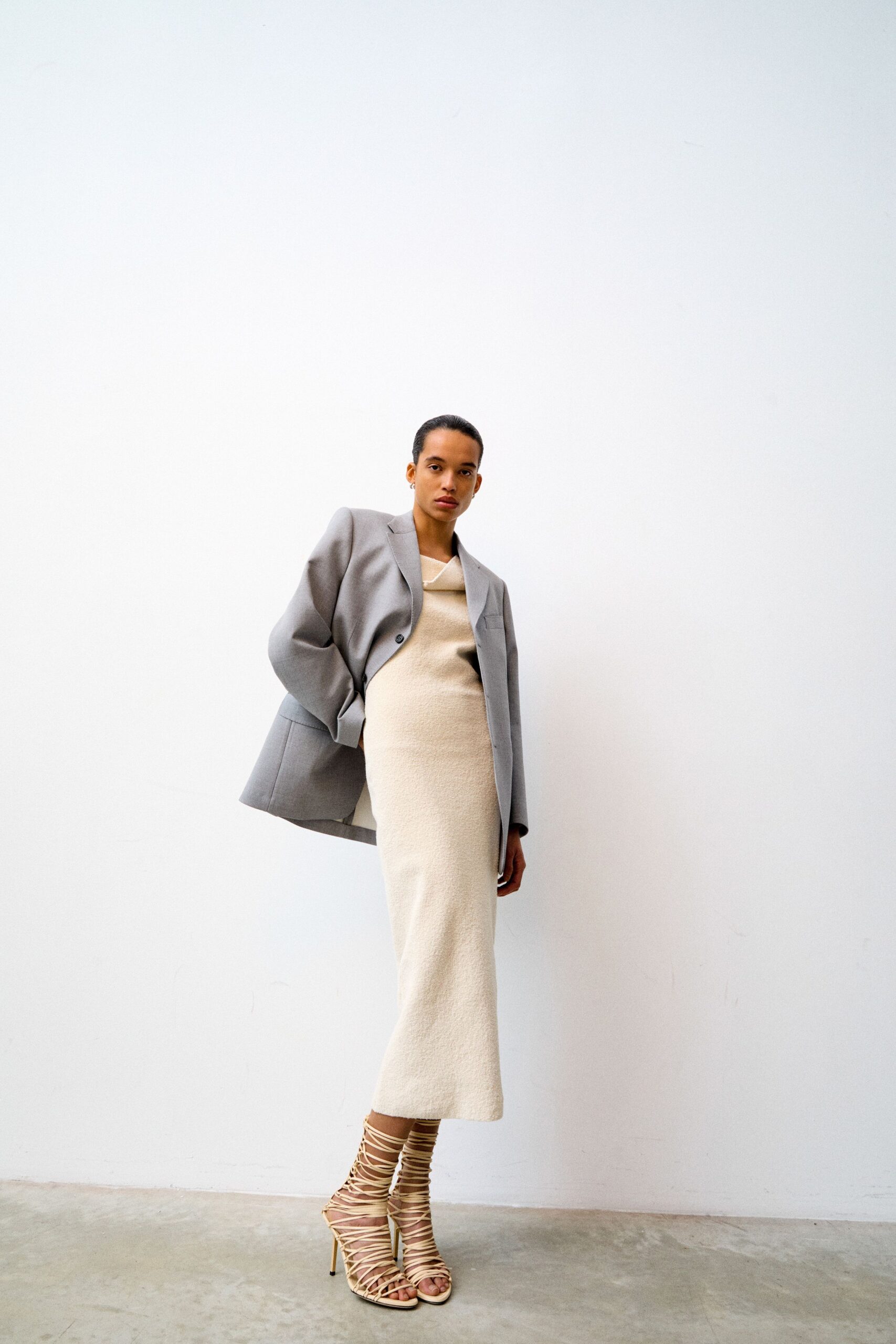 gray blazer beige midi dress