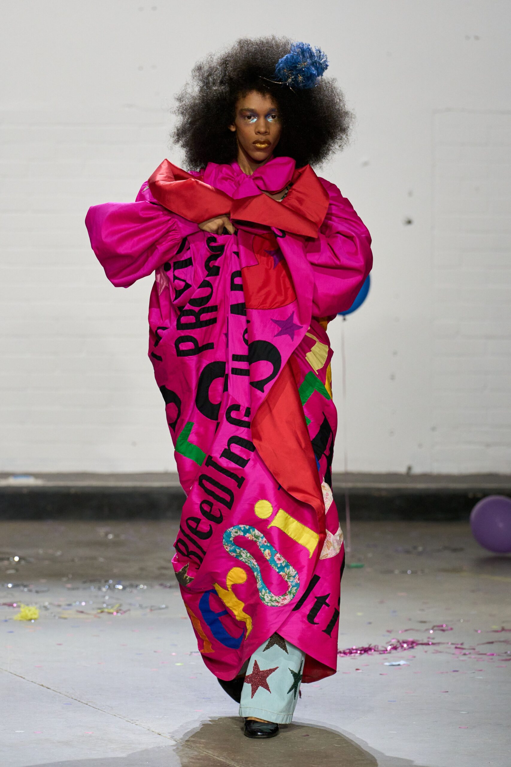 pink printed maxi dress with denim pants