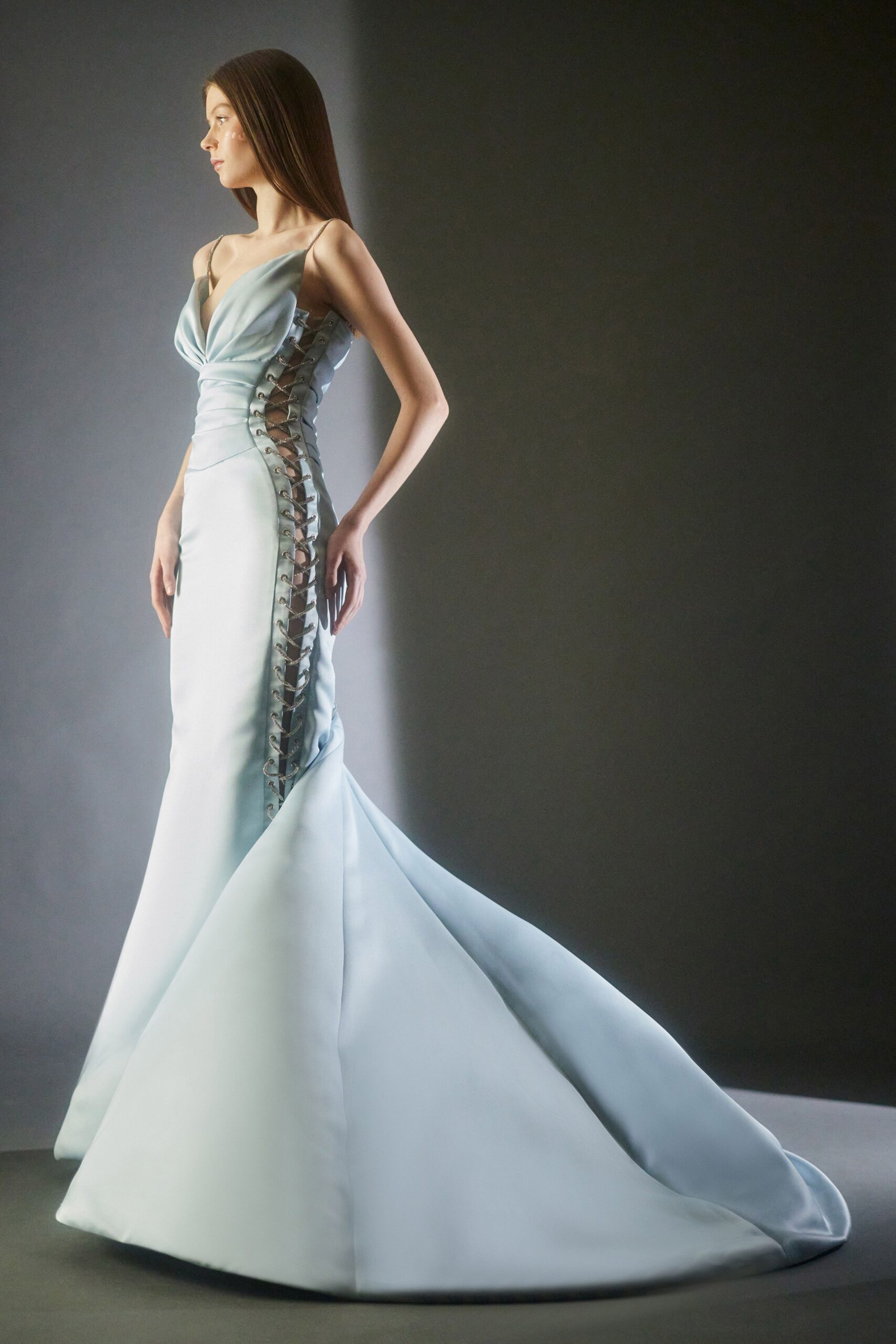 blue silk off-shoulder gown