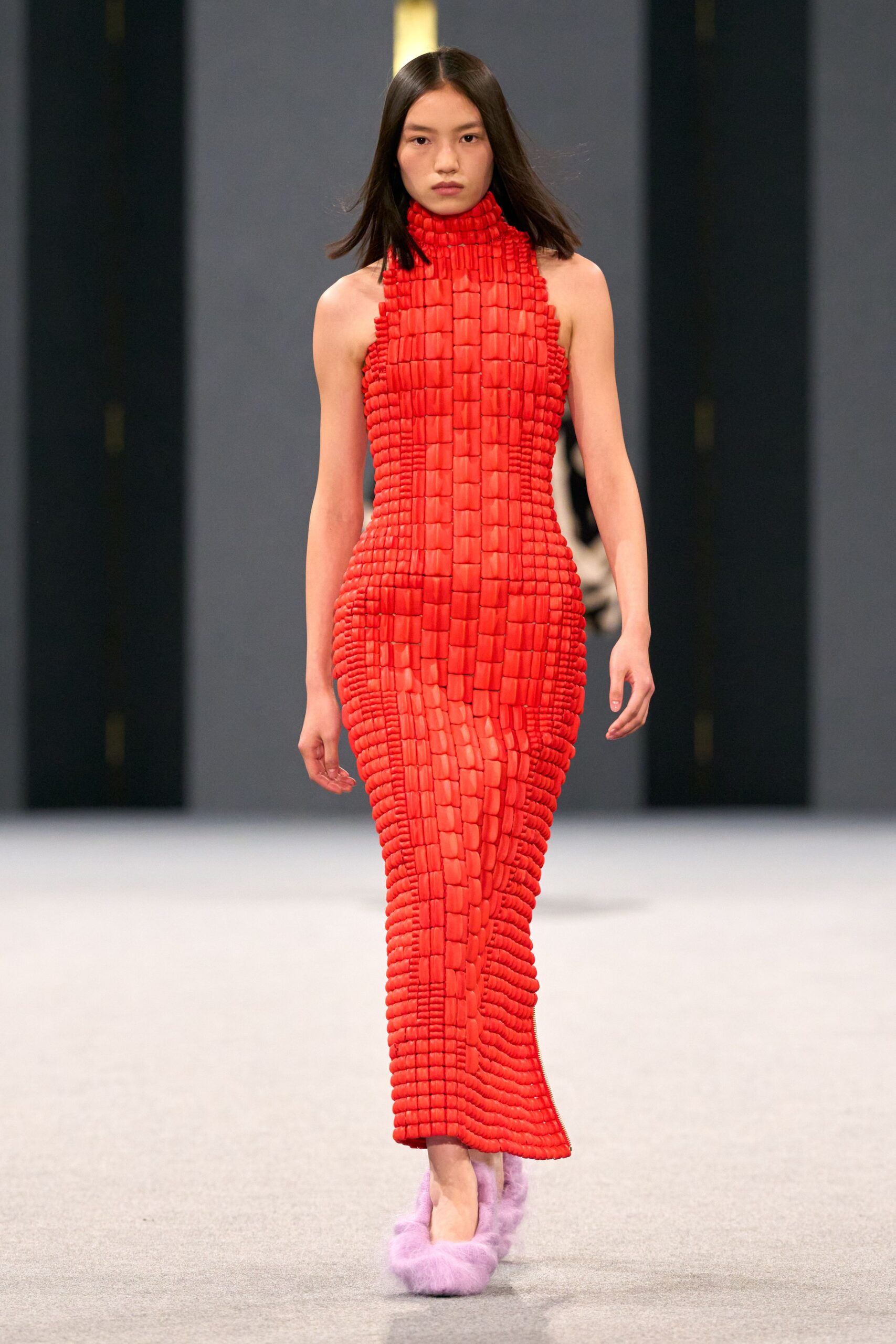 red silk sleeveless high-neck fitted textured maxi gown