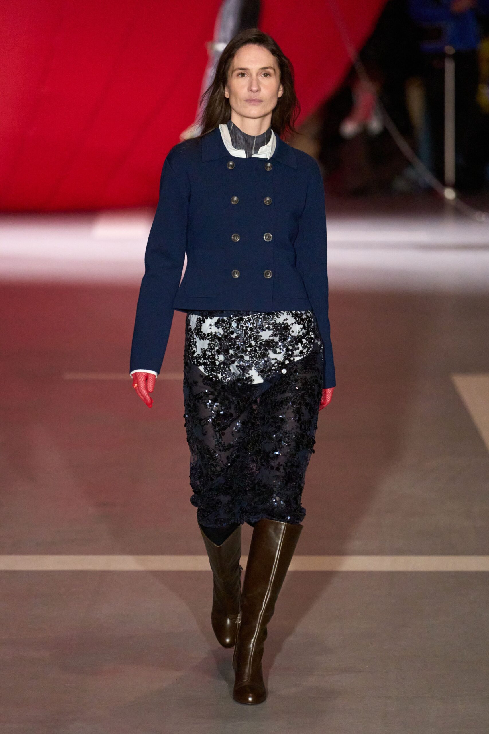 blue wool fitted jacket with black sequin skirt