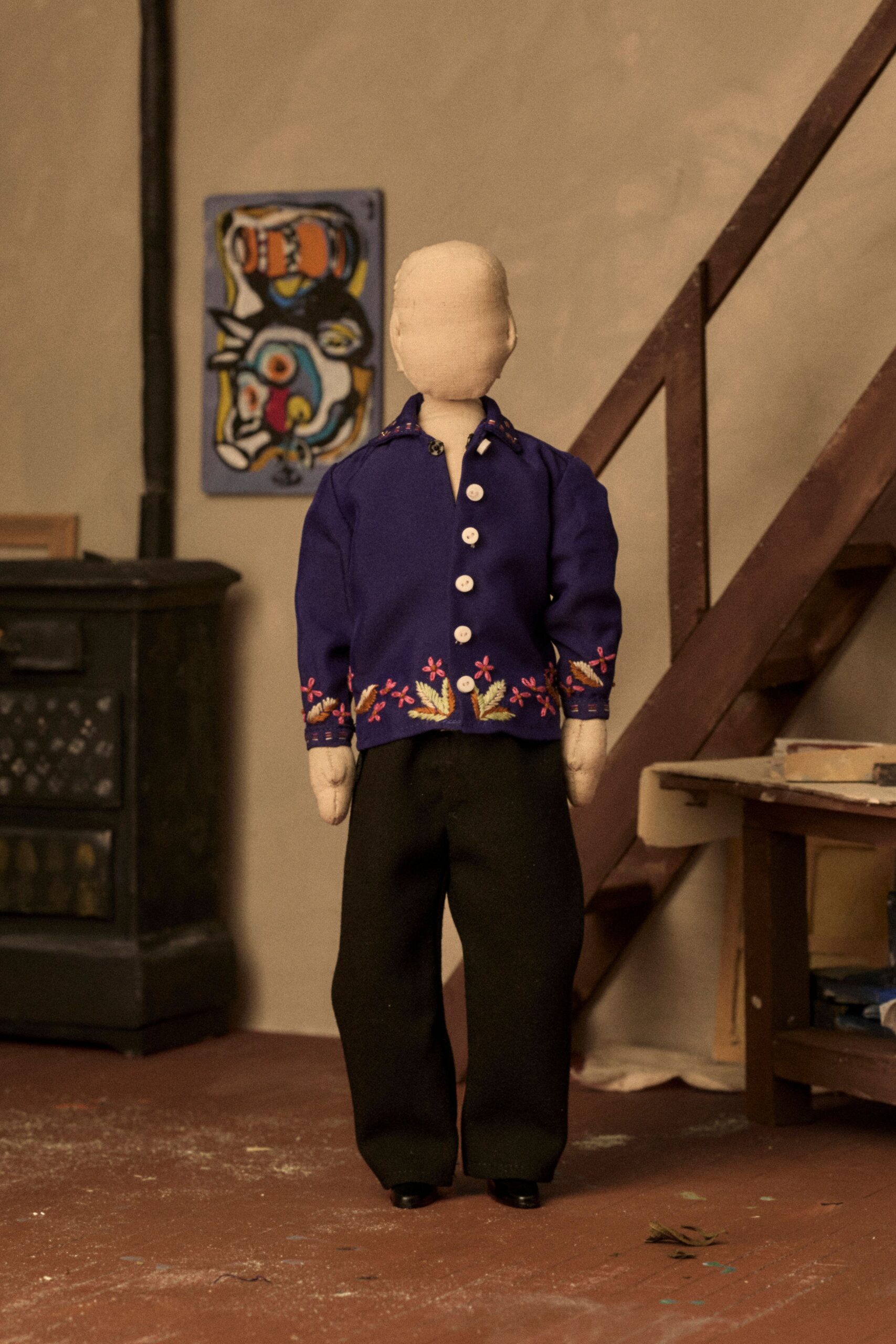 purple cotton long-sleeve collared fitted embroidered shirt