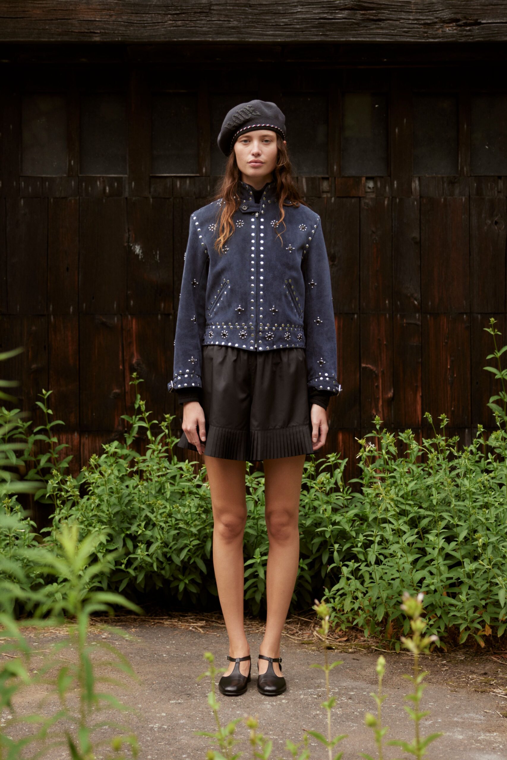 blue denim long-sleeve collared fitted embroidered jacket
