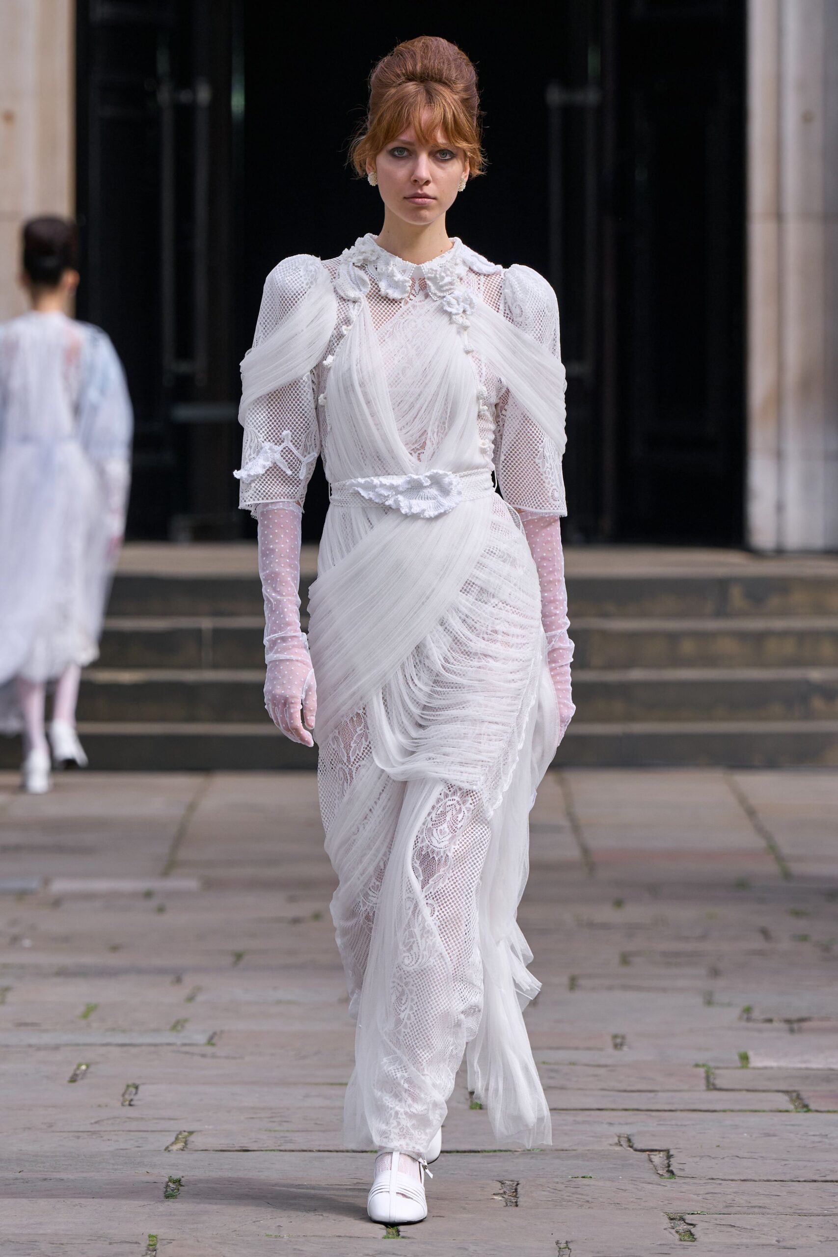 white lace long-sleeve high-neck fitted ruched layered gown