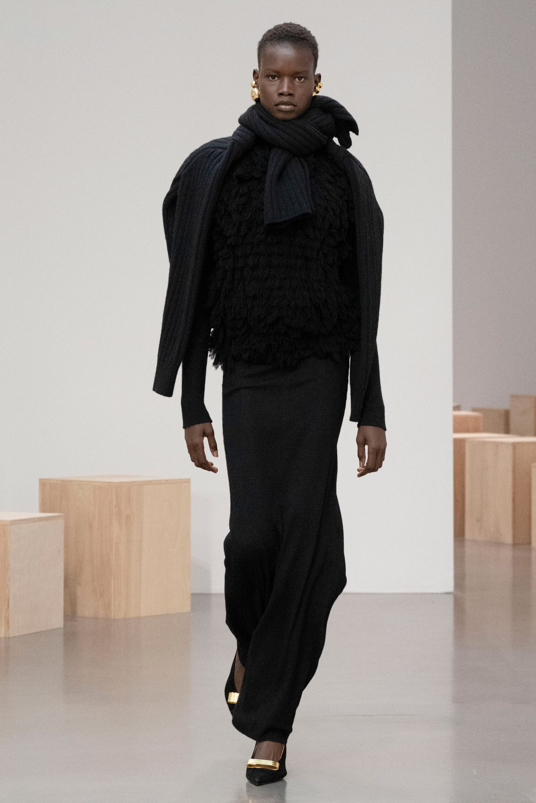 black wool maxi dress with scarf