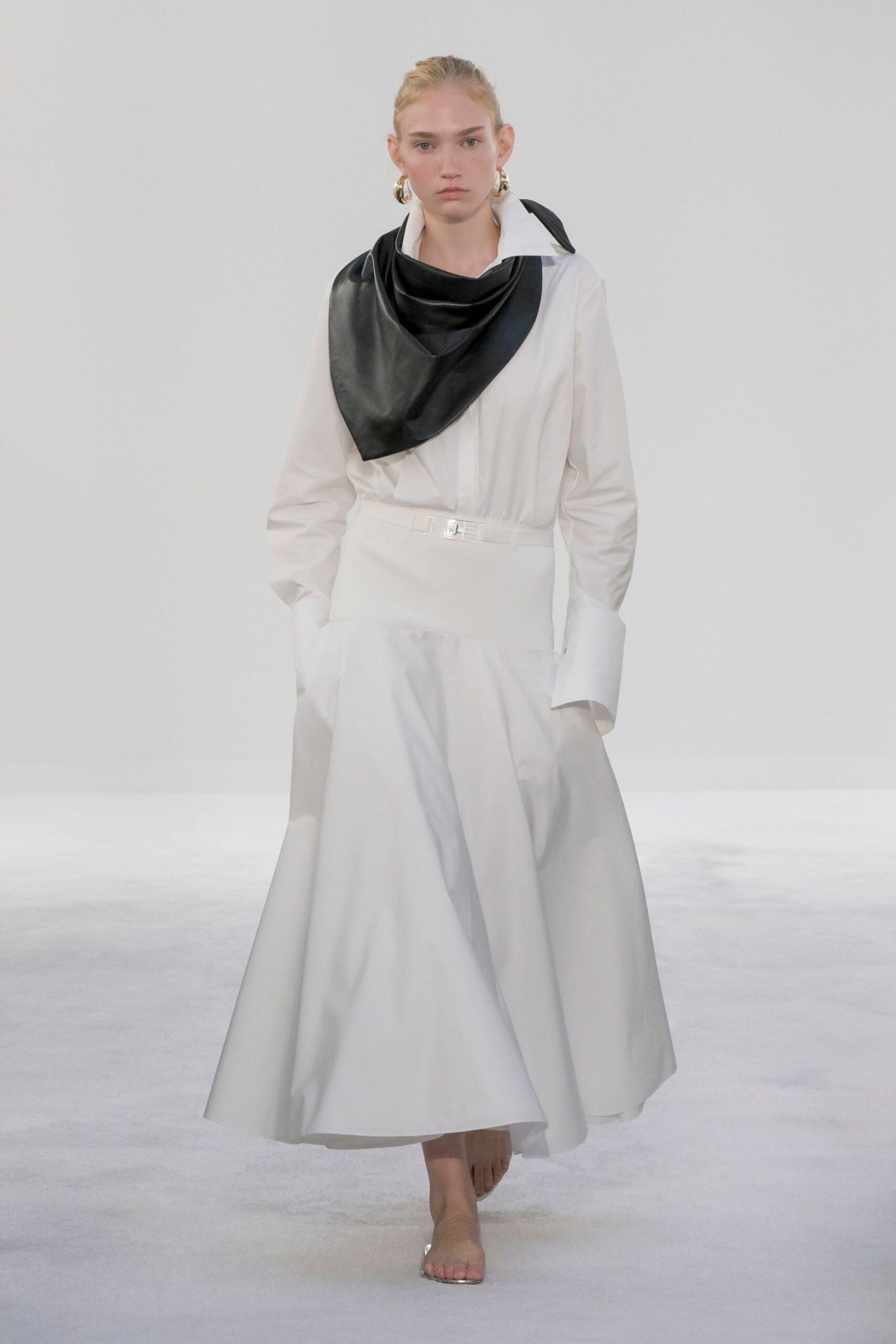 white midi dress with black scarf