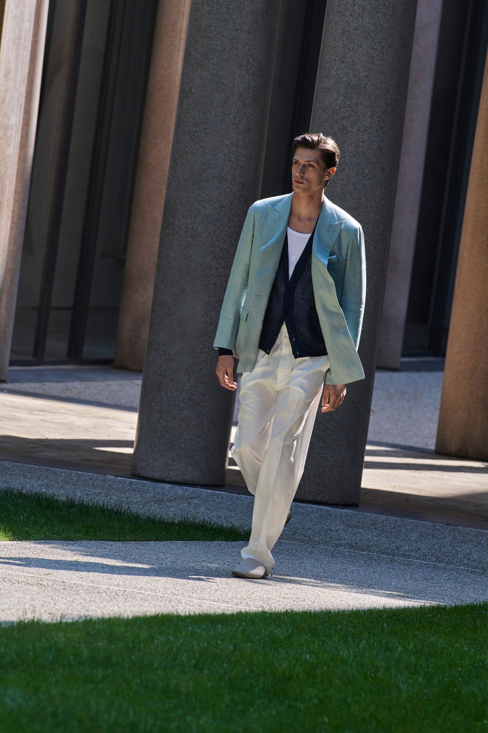 light blue tailored blazer with navy vest