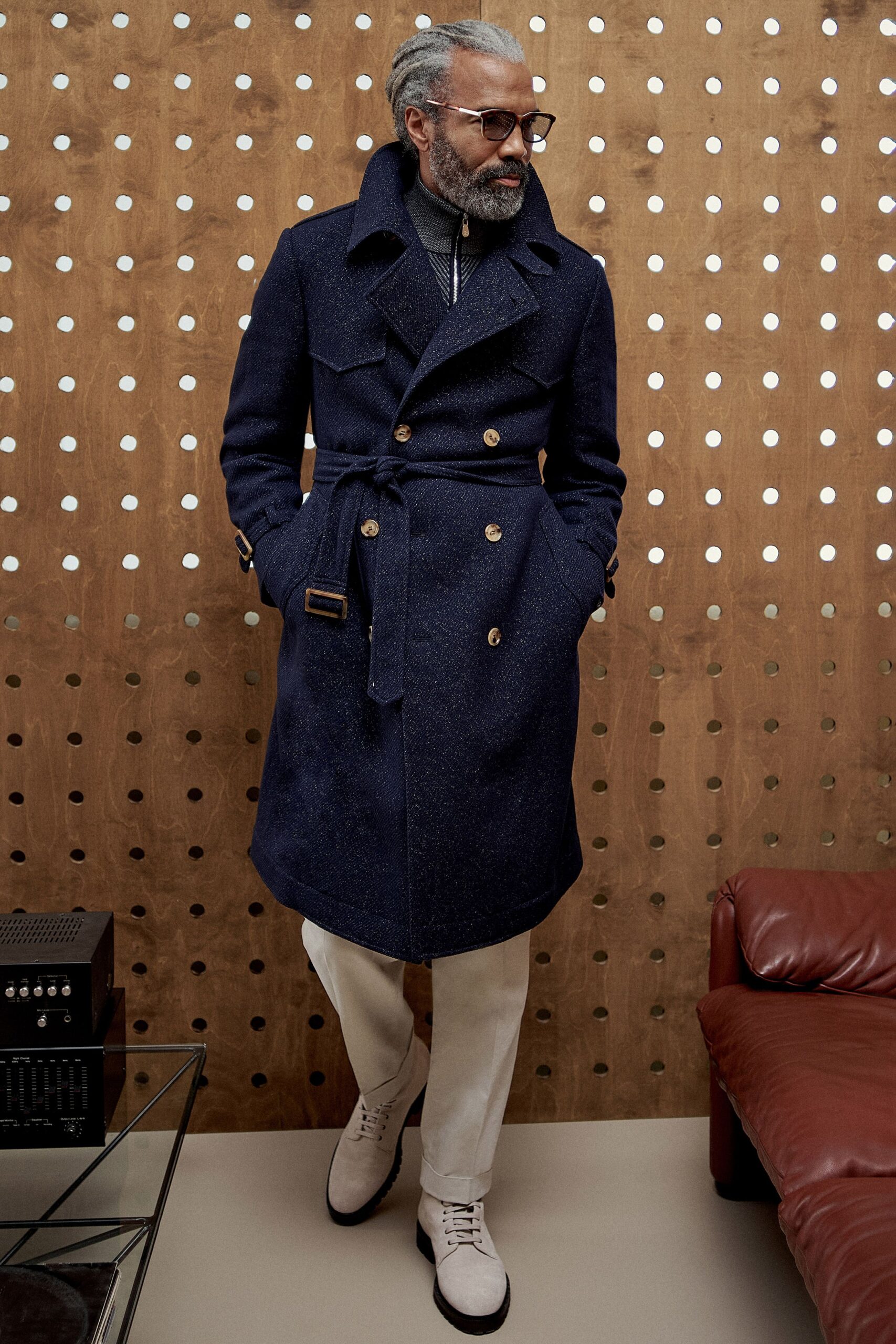 blue wool long-sleeve collared tailored belted midi coat