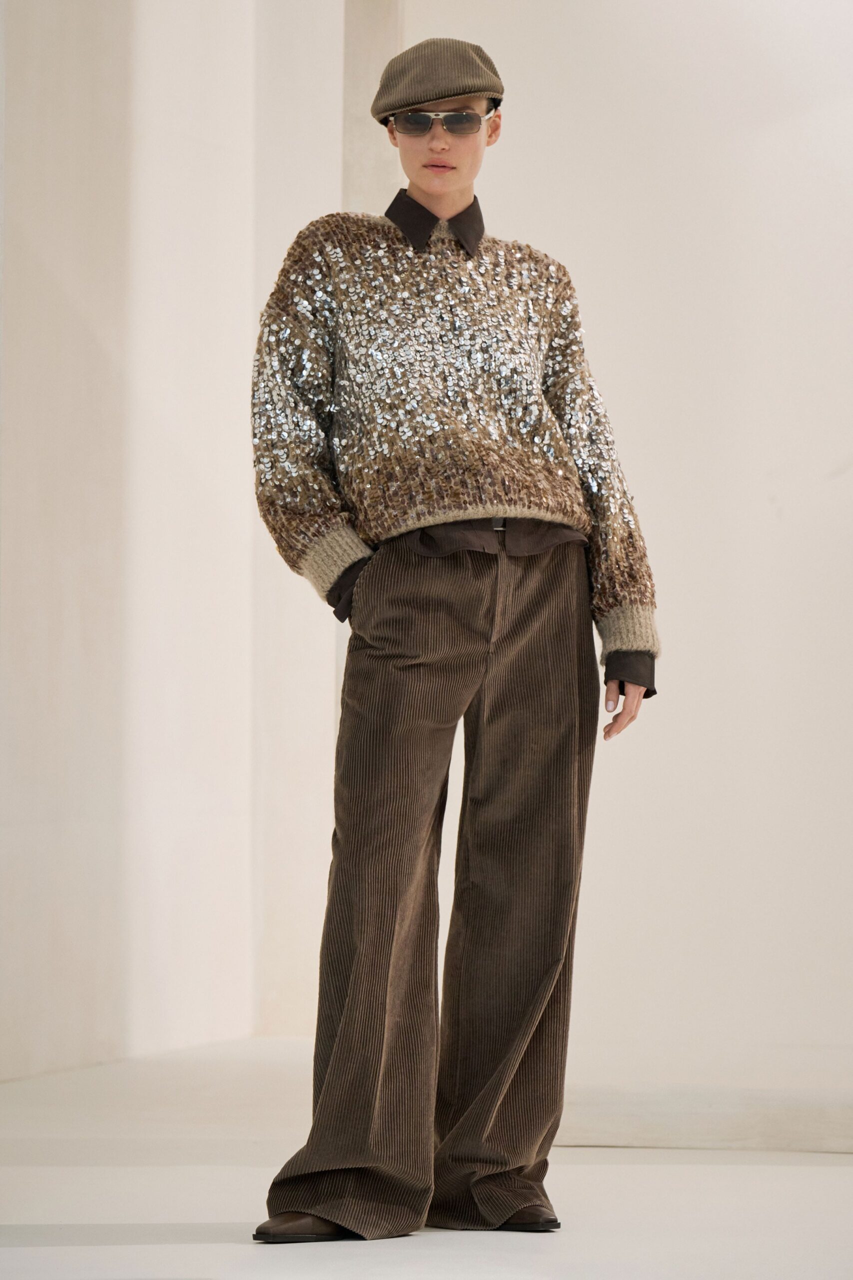 brown sequin long-sleeve collared relaxed layered shiny sweater