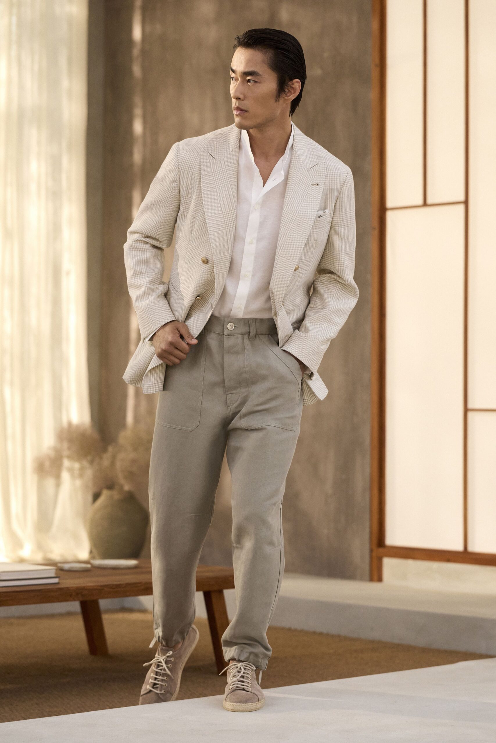 white cotton long-sleeve collared structured checked buttoned blazer