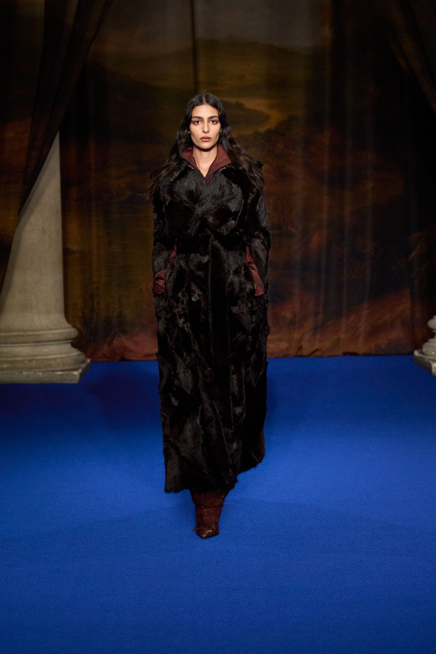 black fur long-sleeve collared fitted belted maxi coat