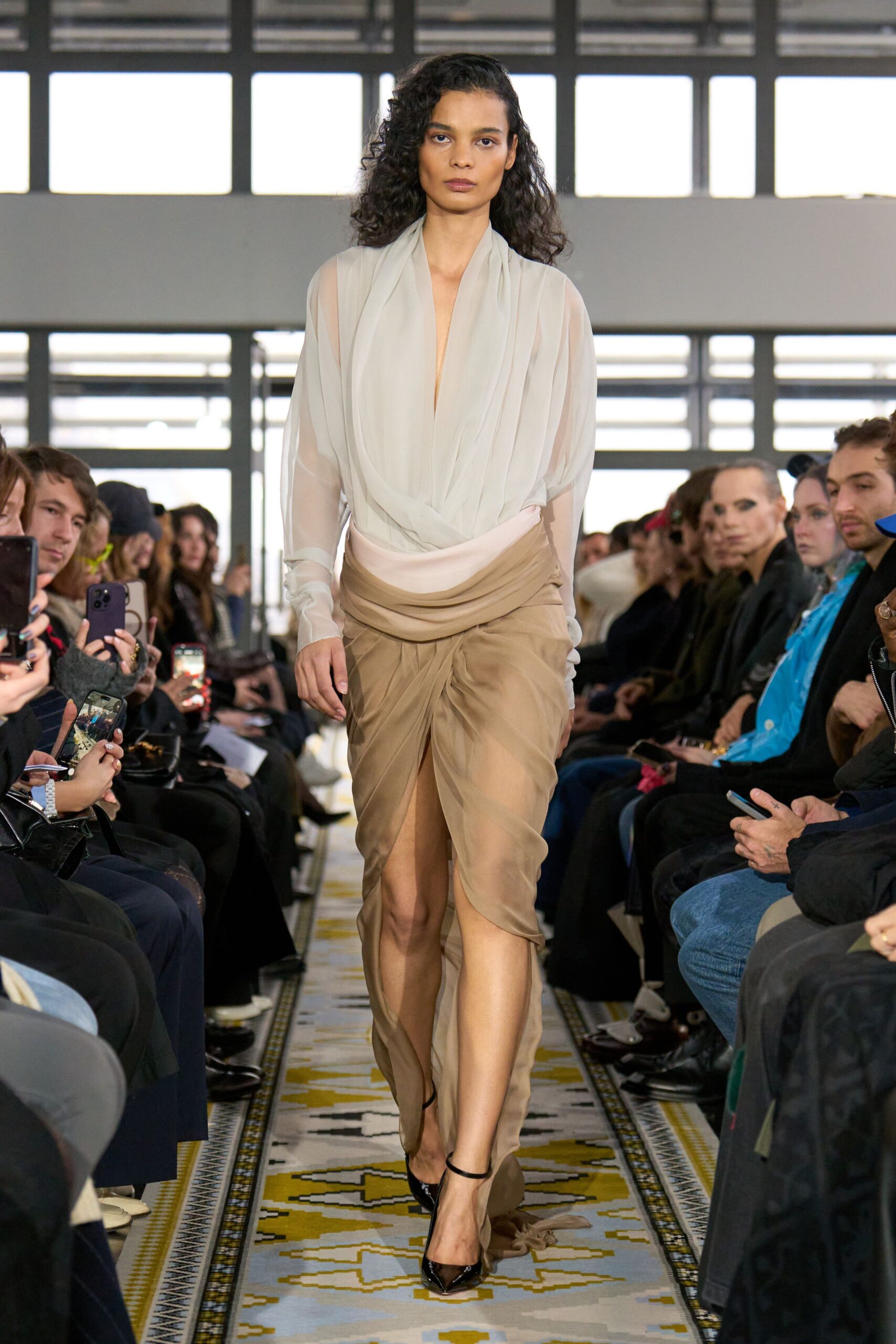 white silk draped top beige skirt