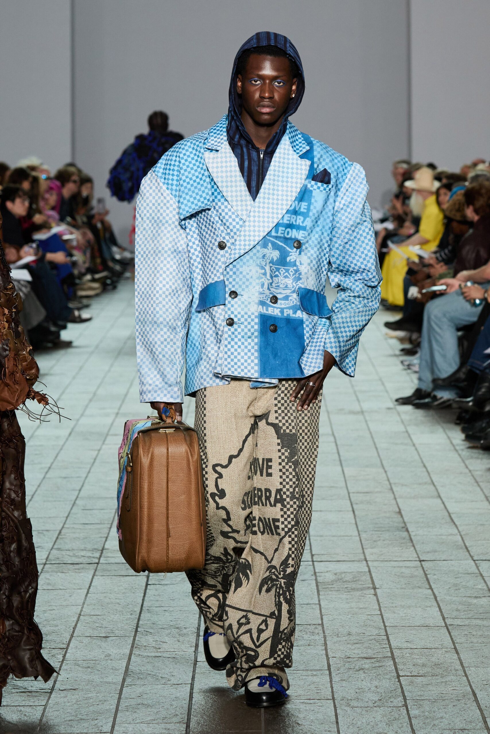 blue and white relaxed jacket with printed pants
