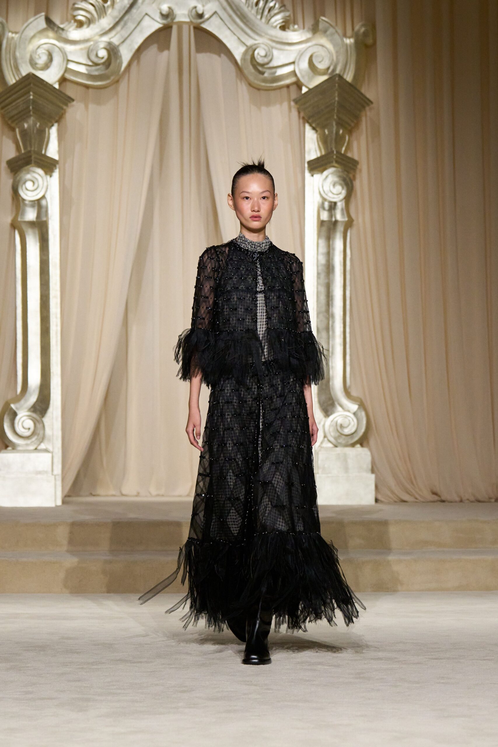 black lace long-sleeve collared fitted fringed layered dress