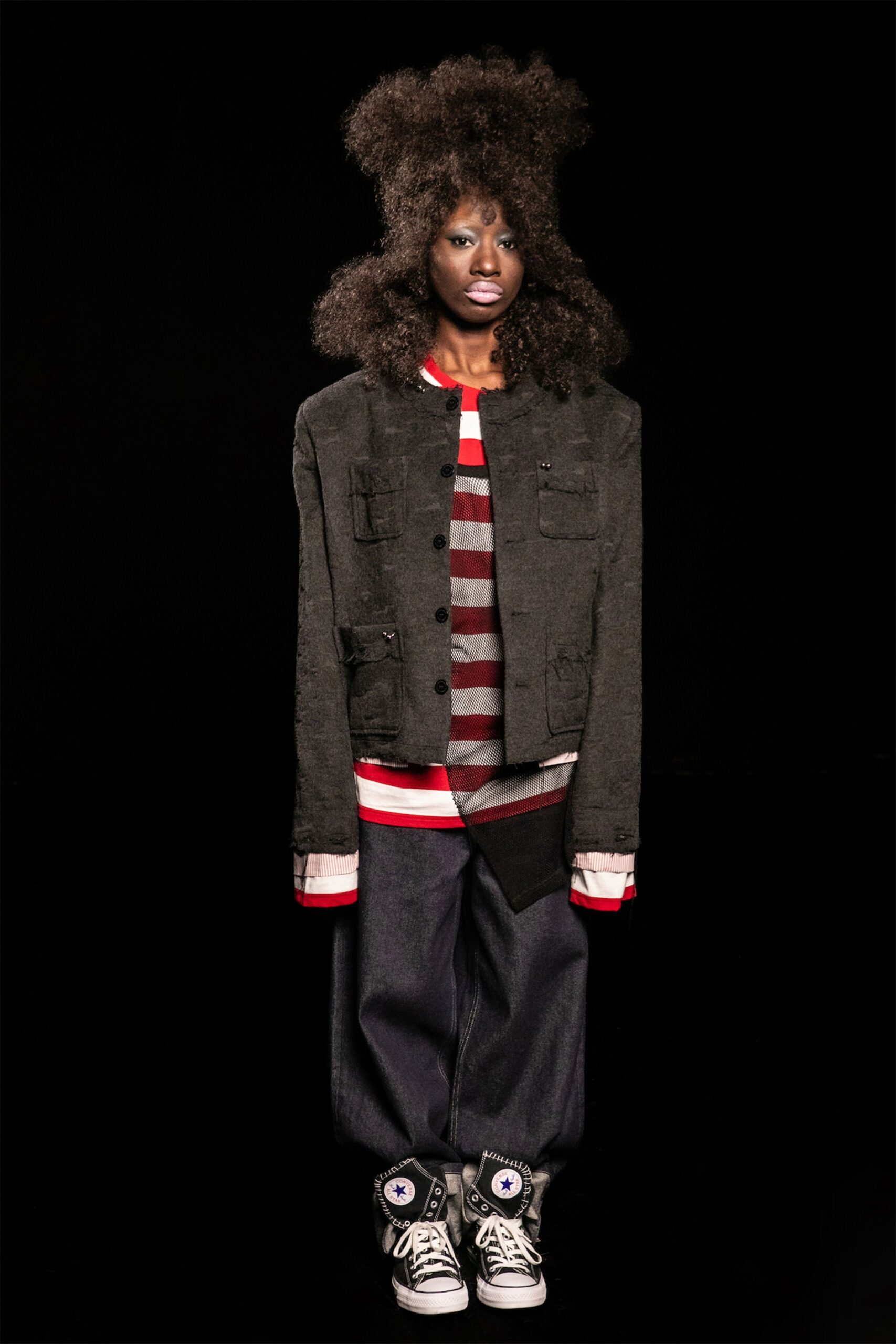 black relaxed jacket with striped shirt