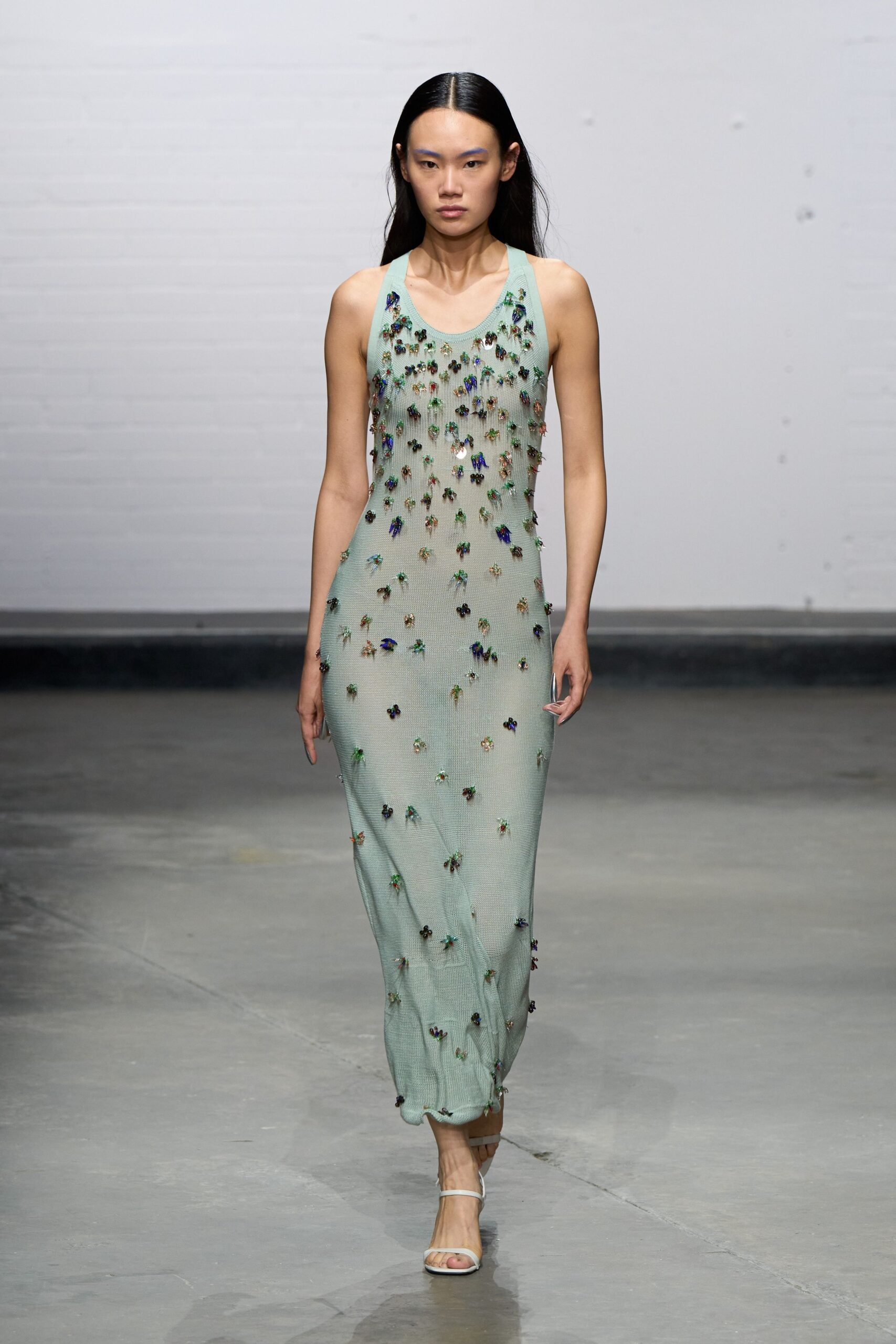 green silk sleeveless v-neck fitted embroidered tiered dress