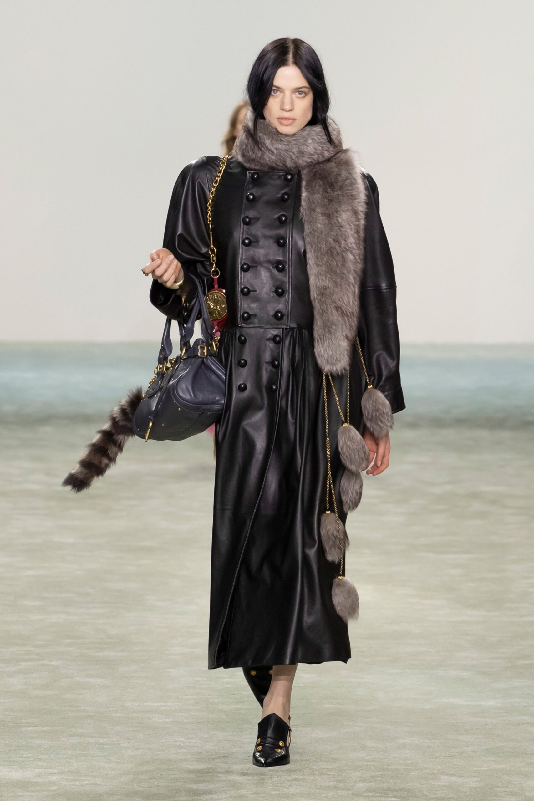 black leather midi dress with fur scarf