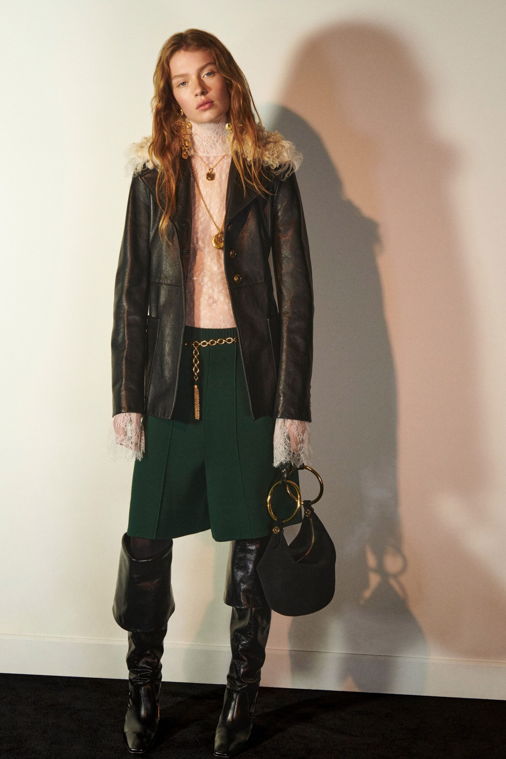 black leather jacket with lace top