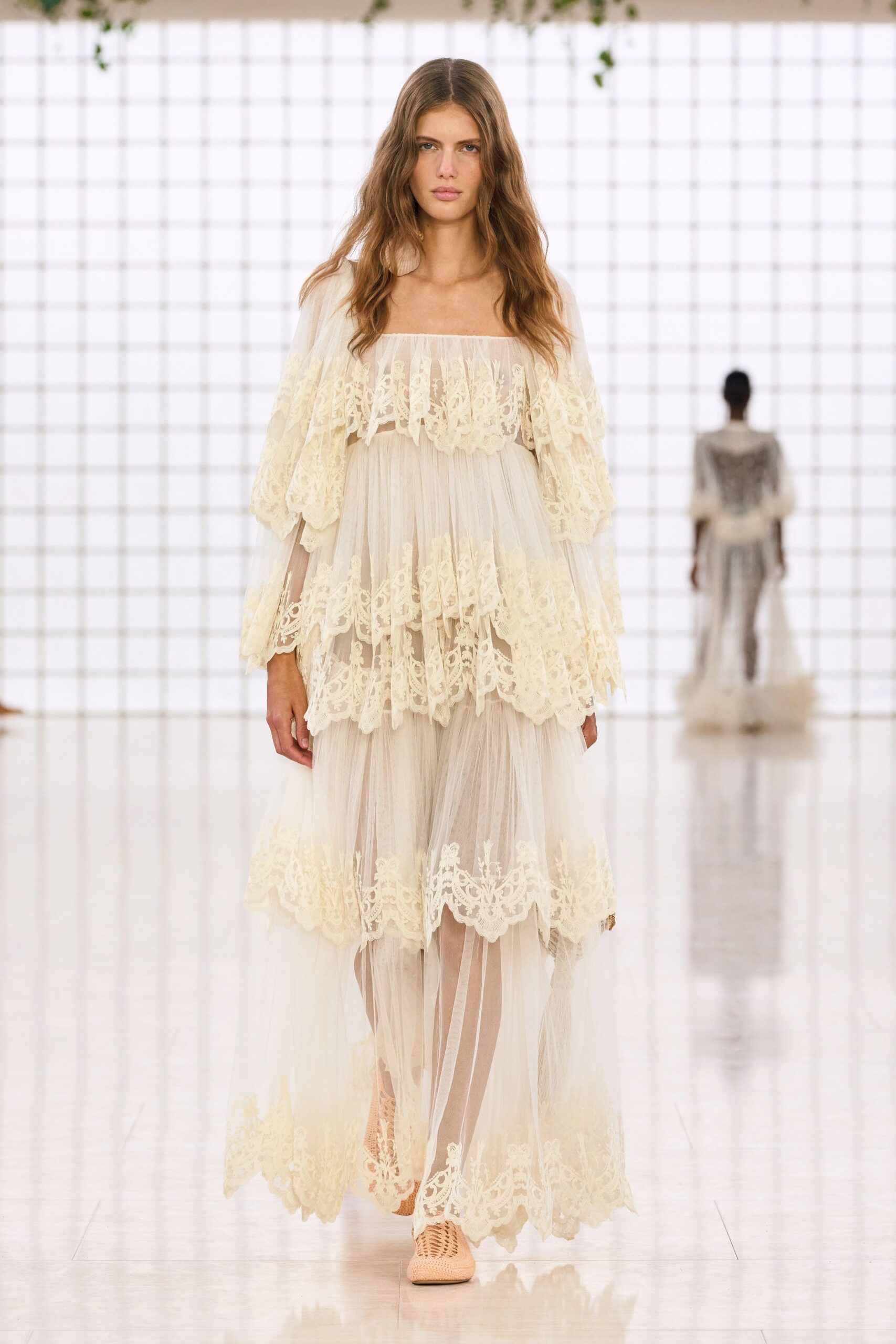 ivory lace off-shoulder long-sleeve relaxed tiered embroidered gown