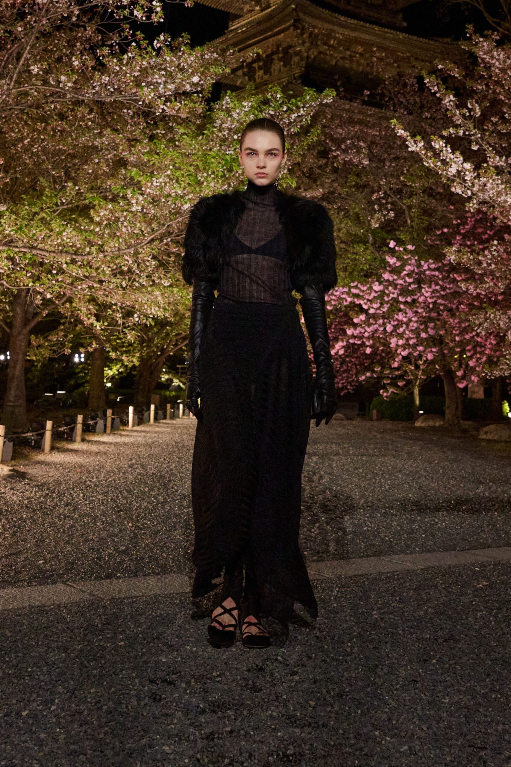 black silk sleeveless v-neck fitted layered pleated gown