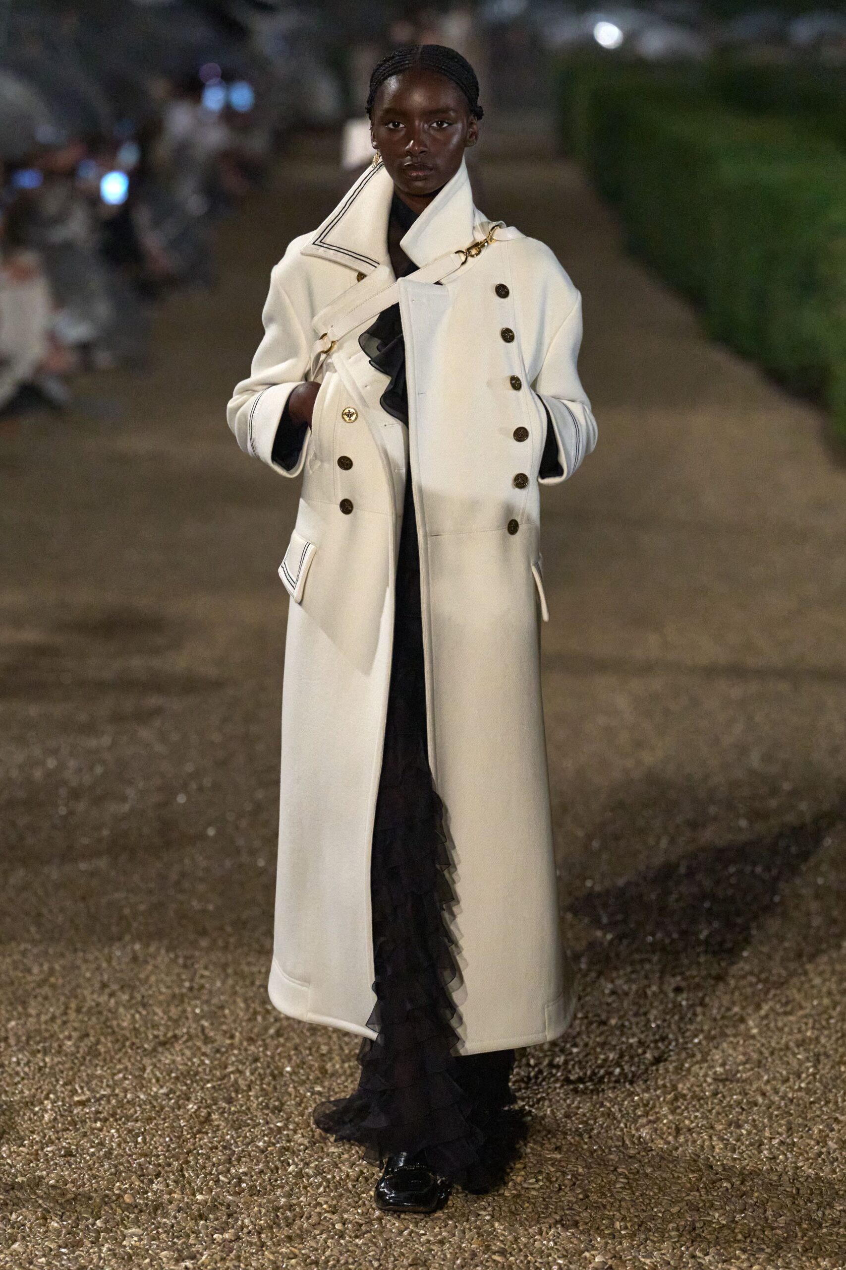 white wool long-sleeve collared structured buttoned coat