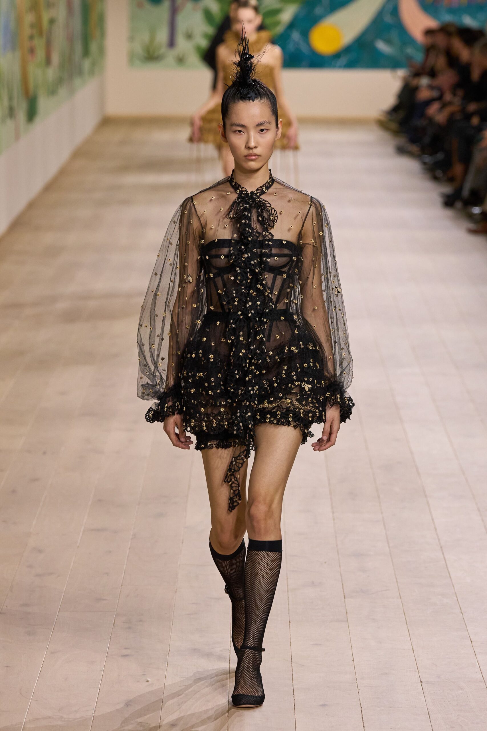 black sheer ruffled mini dress