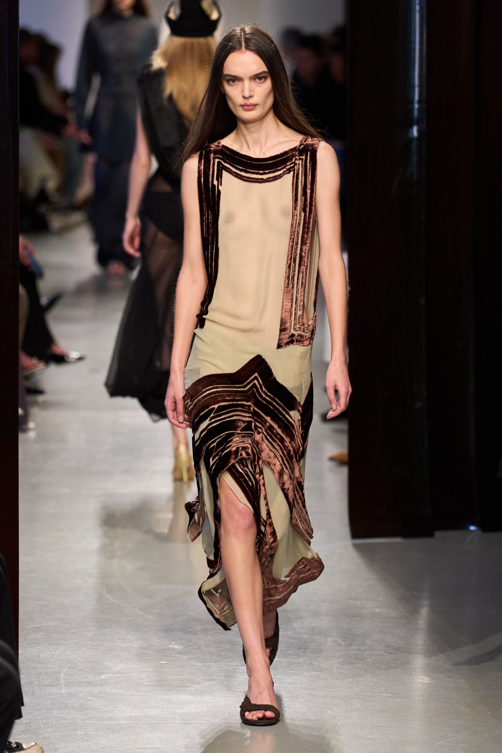 beige and brown layered midi dress