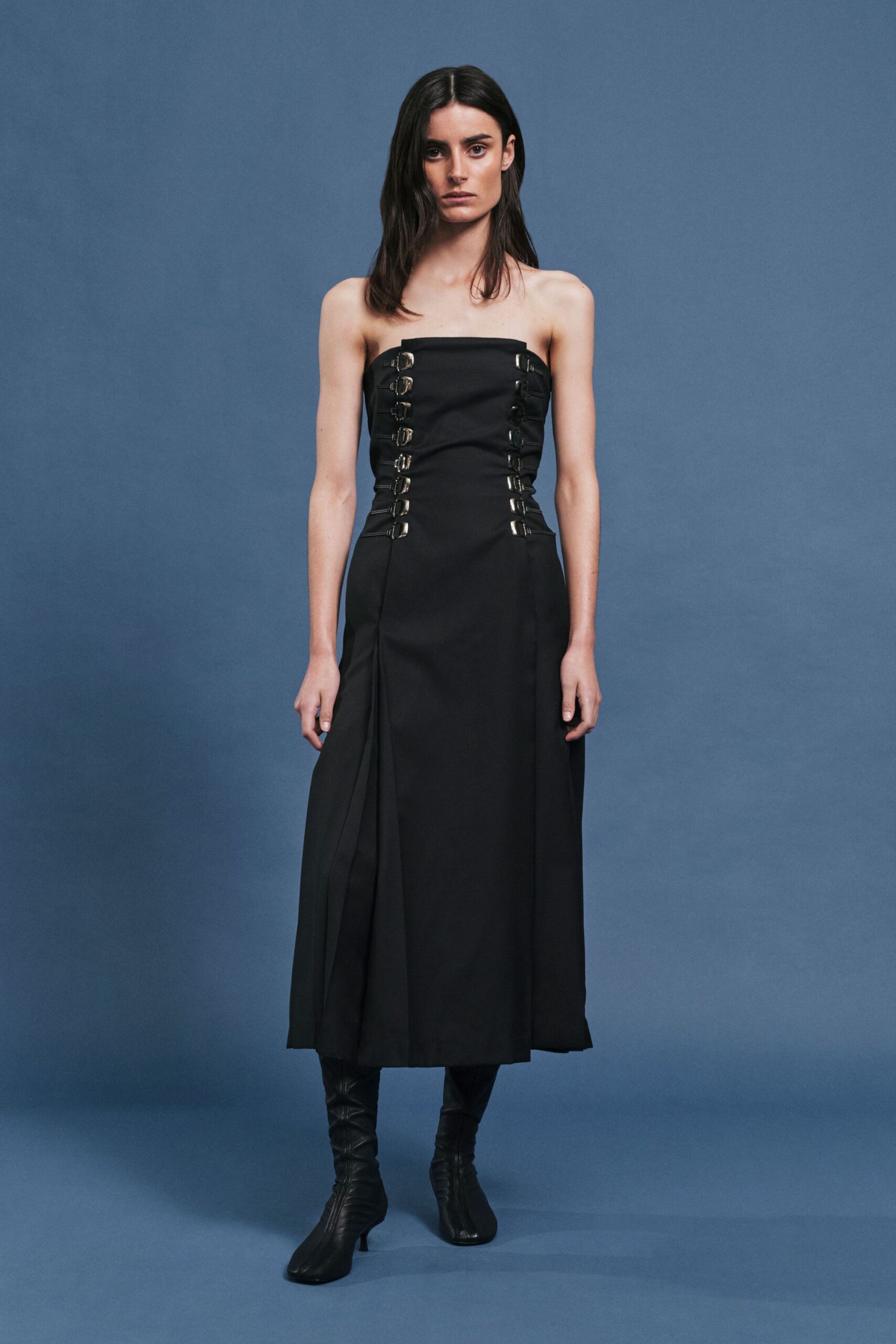 black strapless midi dress with boots